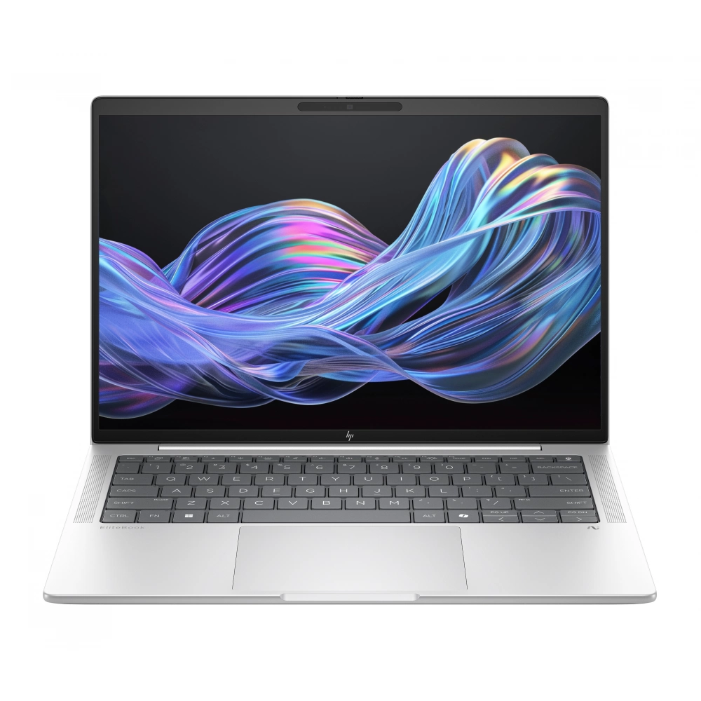 Gümüş renkli bir HP EliteBook dizüstü bilgisayar açık, ekranında renkli soyut duvar kağıdı gösteriyor.