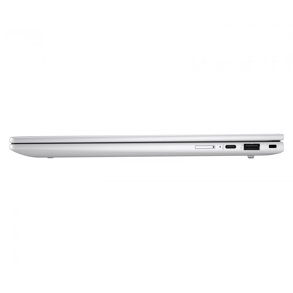 USB-C ve USB-A bağlantı noktalarını gösteren ince gümüş bir dizüstü bilgisayarın yan görünümü.