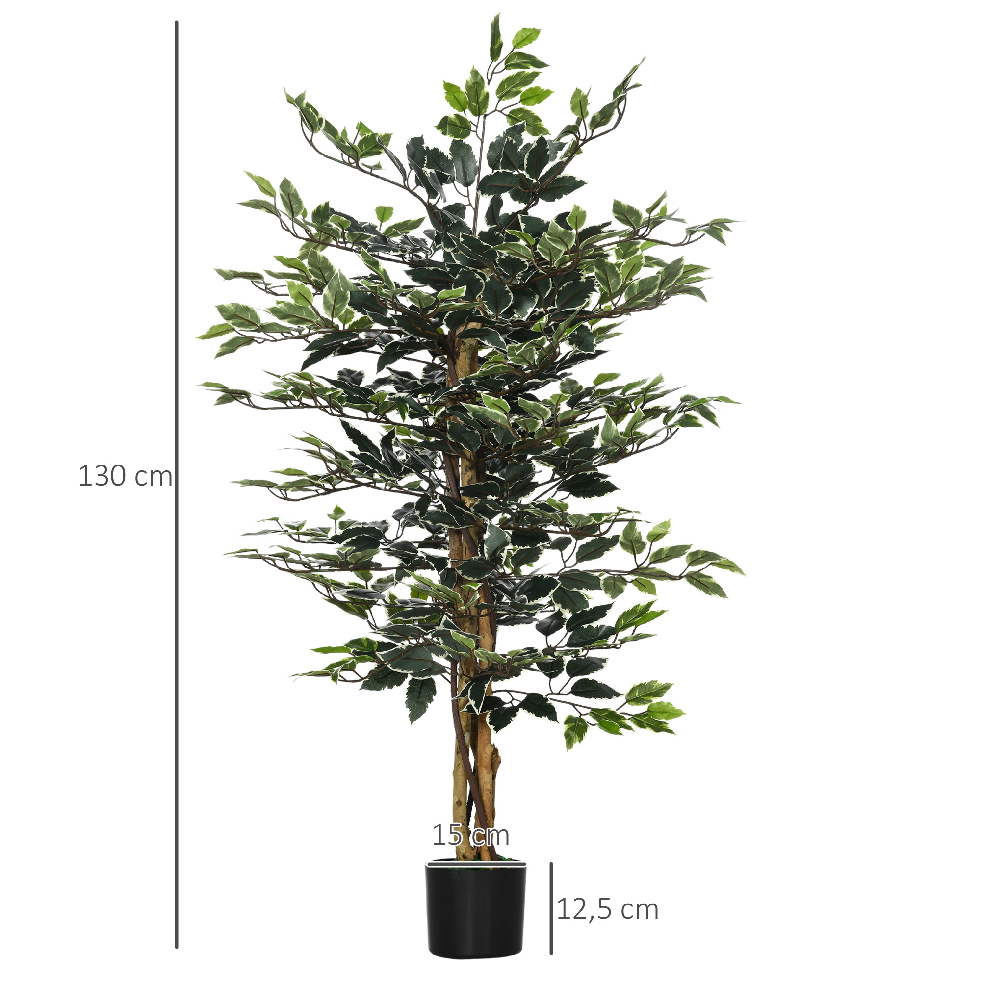 Un árbol artificial de 130 cm con hojas variegadas en una maceta negra.