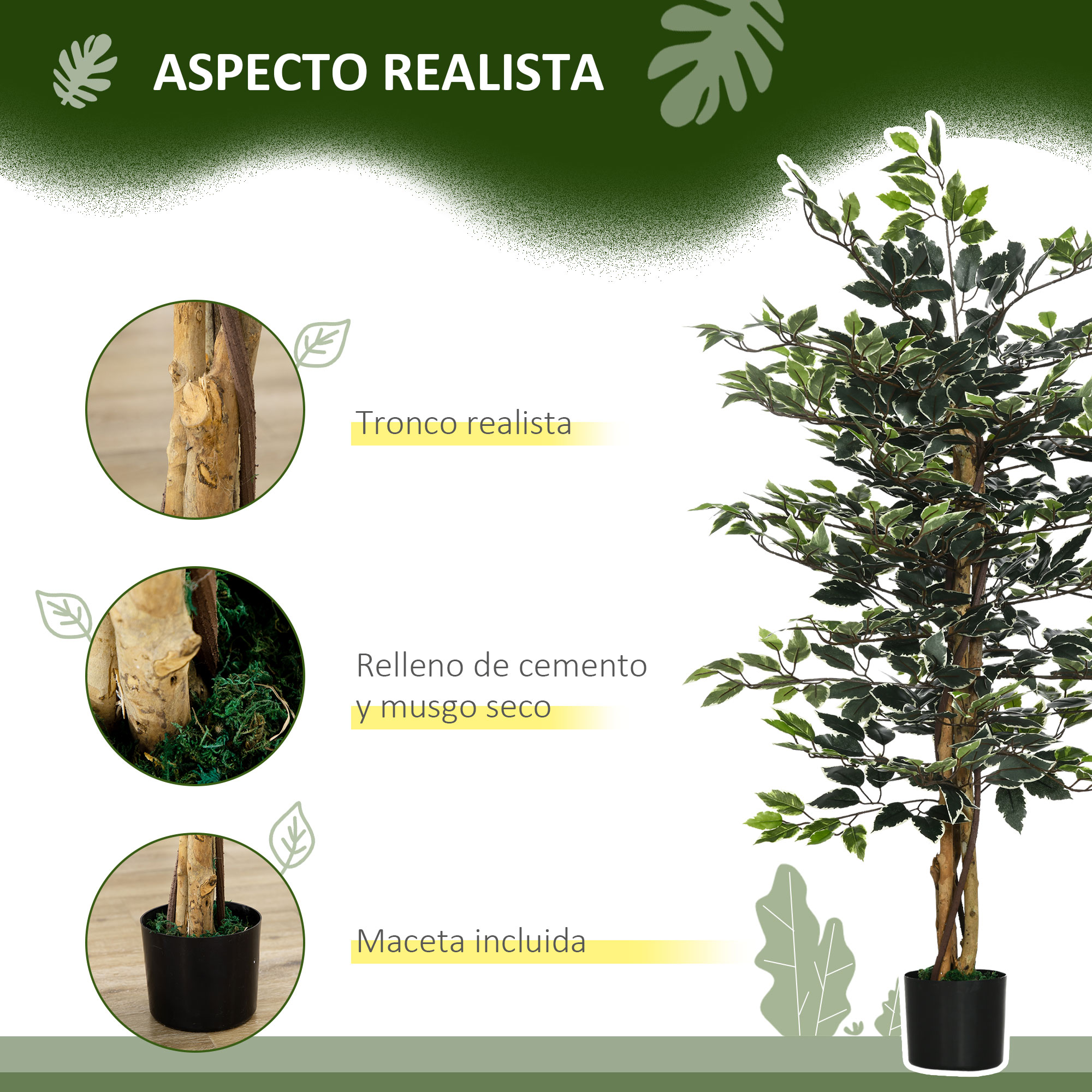 Un árbol artificial realista con hojas variegadas y un tronco texturizado.