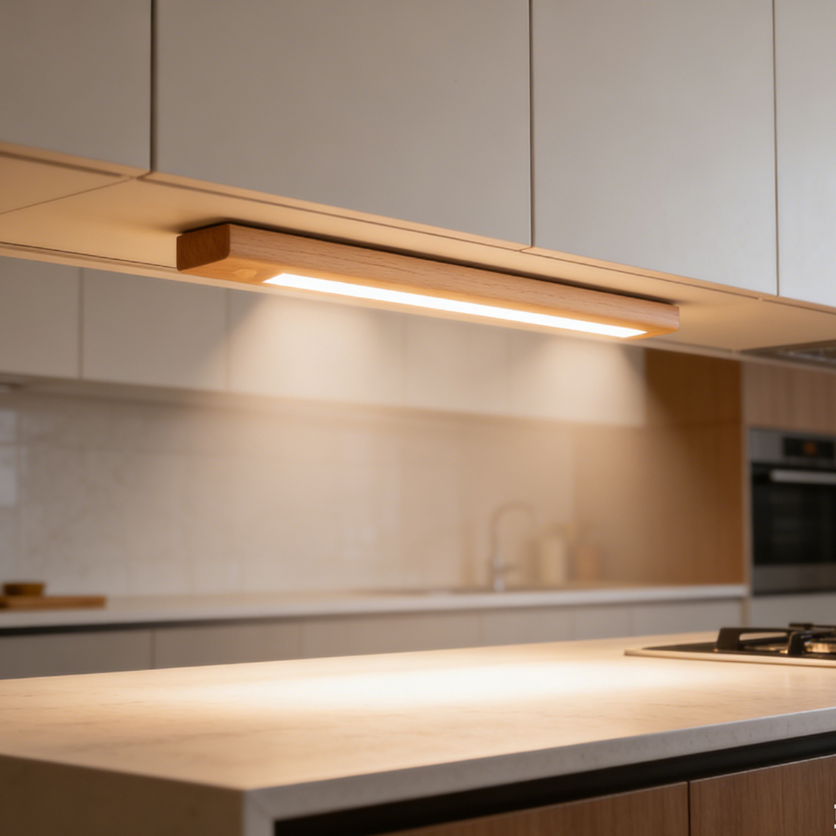 Een moderne keuken met kasten, aanrechtblad en onderbouwverlichting.
