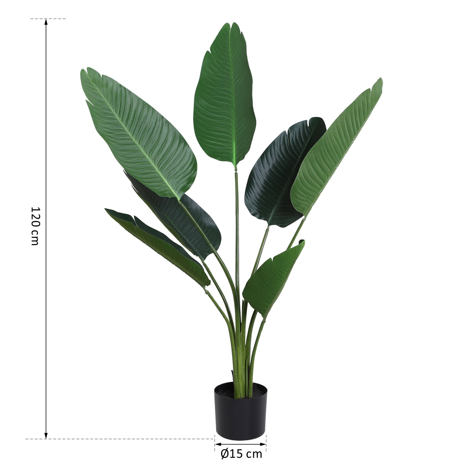 Una planta artificial verde grande con hojas anchas en una maceta negra.
