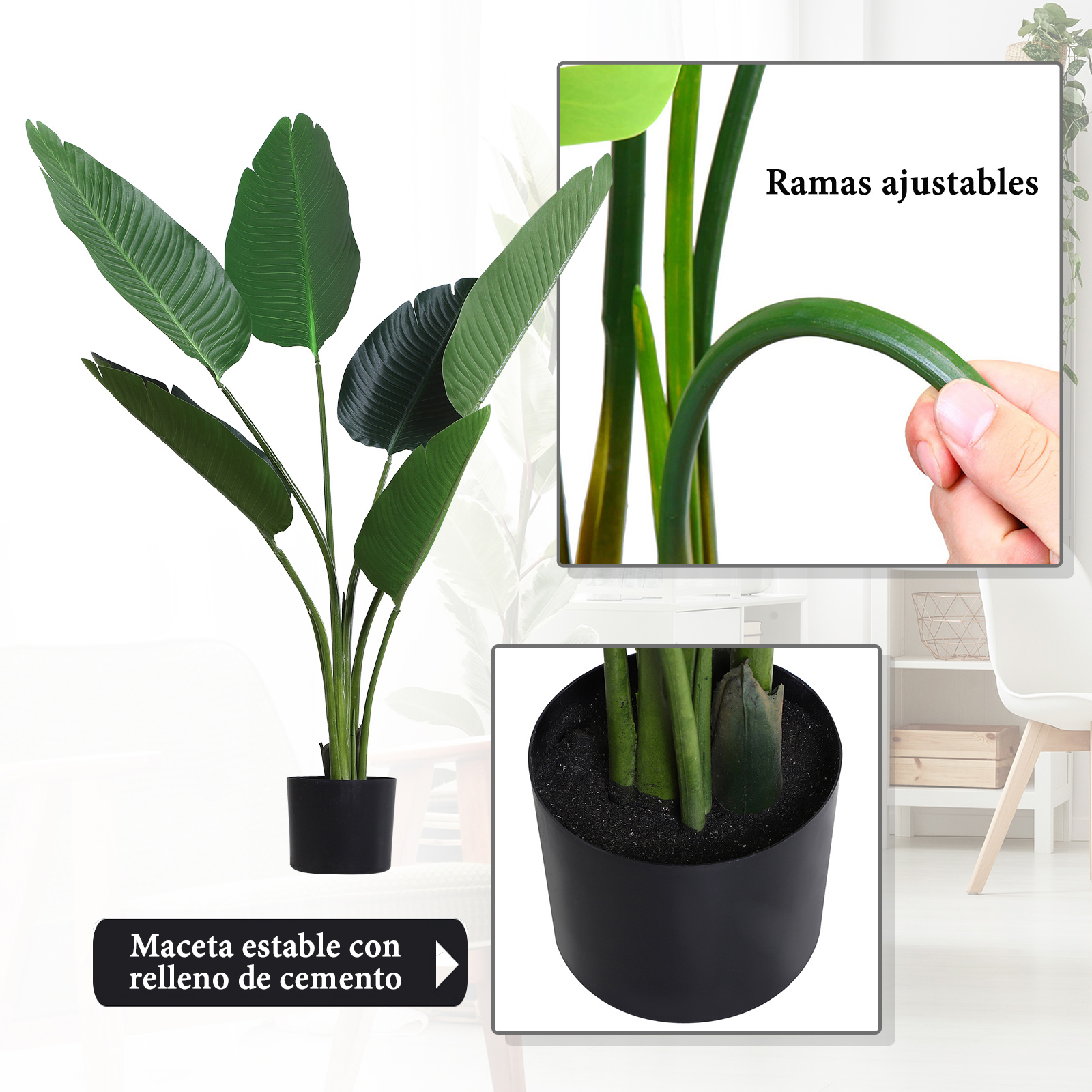 Planta artificial con grandes hojas verdes en maceta negra.