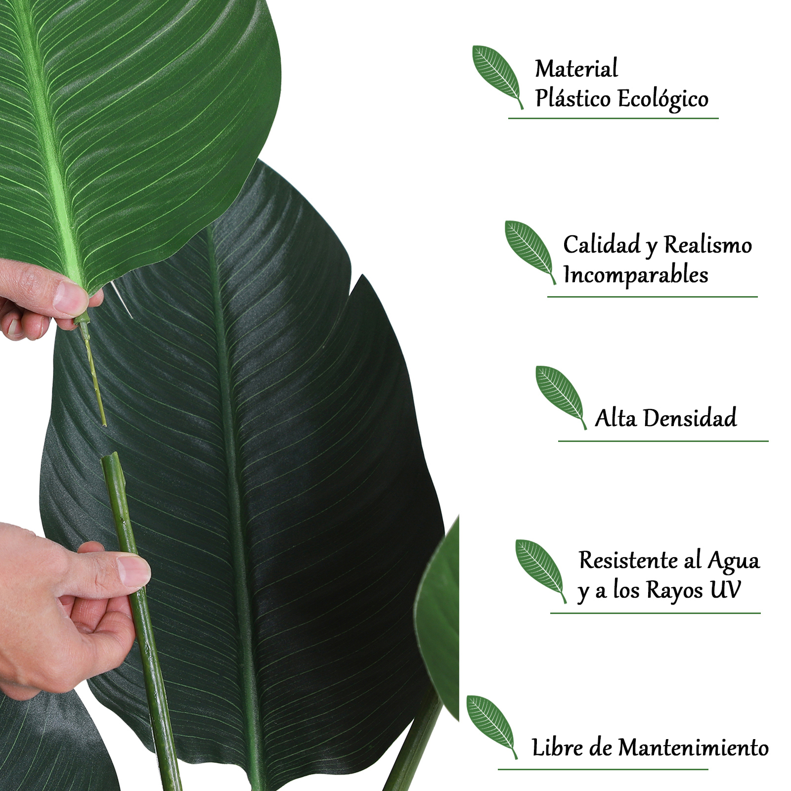 Hoja artificial verde con texto en español: Plástico ecológico, calidad, realismo, alta densidad, resistente al agua/UV, sin mantenimiento.