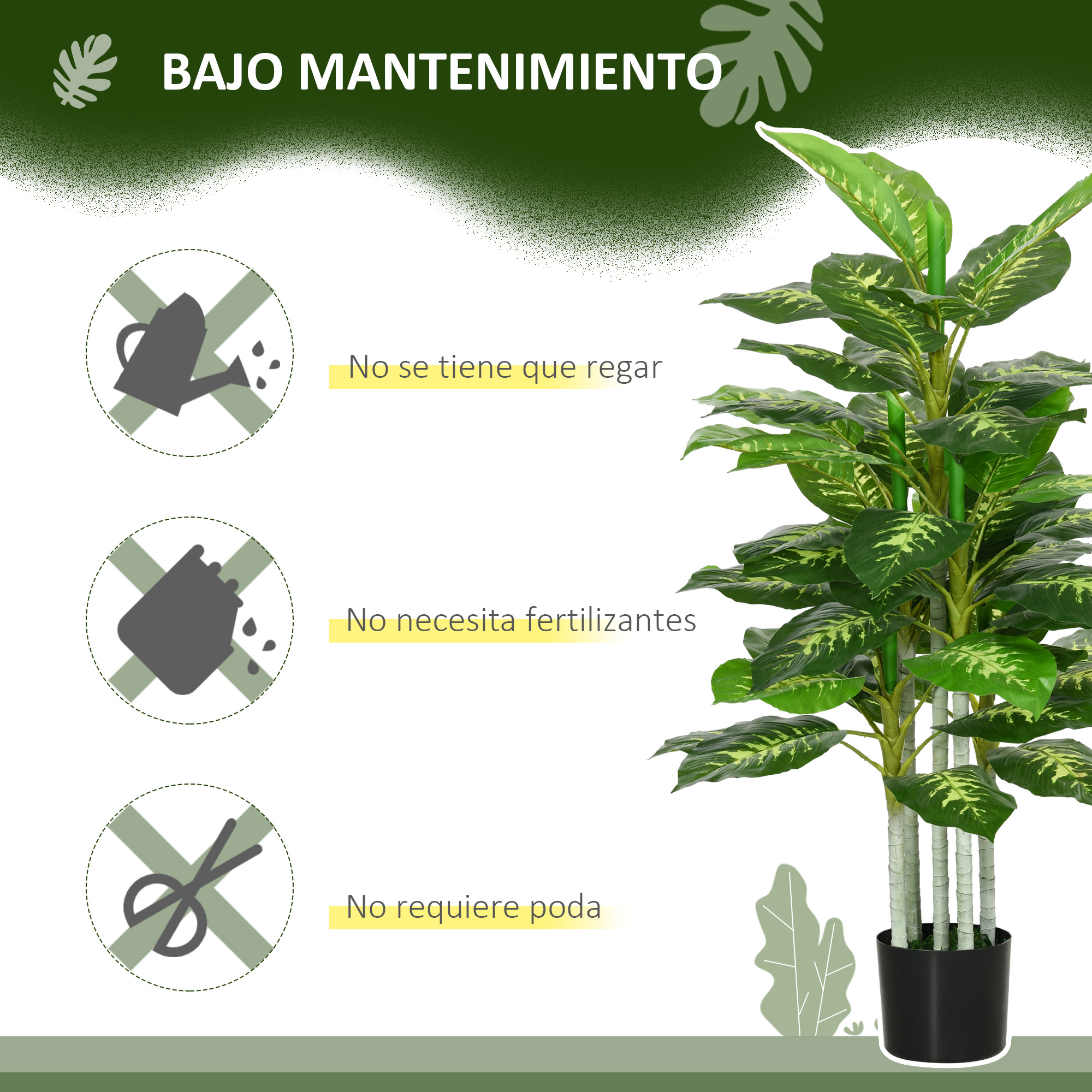 Planta verde con patrón de hojas. "Bajo Mantenimiento" en español.