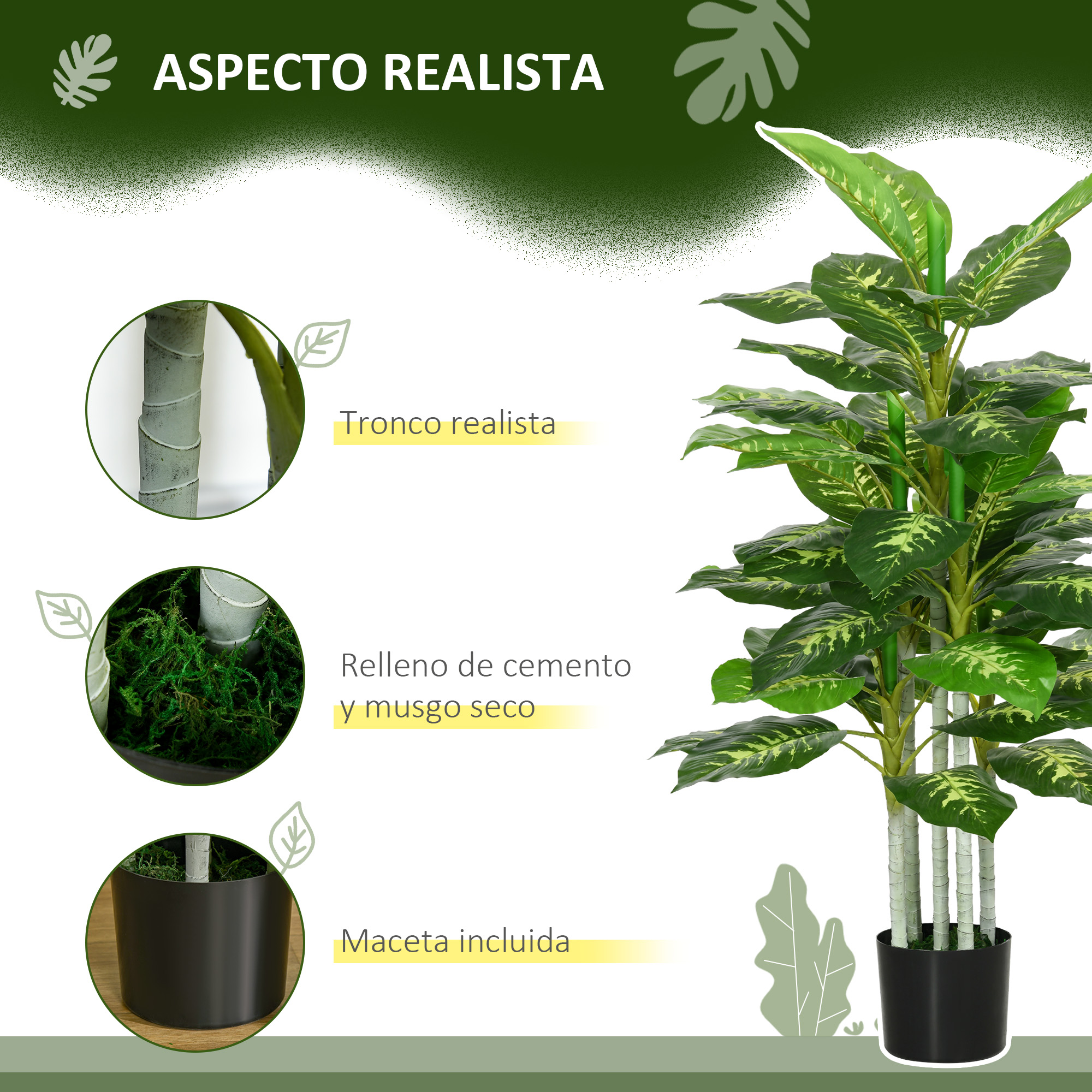 Una planta artificial alta con hojas y tallos verdes en una maceta negra.