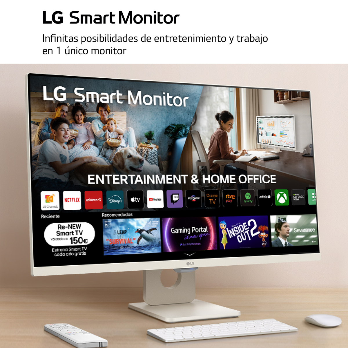 Monitor LG Smart z obrazem rodziny i sceną pracy. Aplikacje na dole.