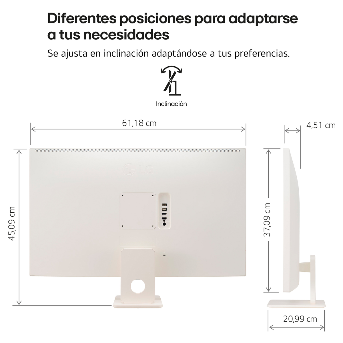 Biały tył monitora LG z wymiarami i portami. Pokazana funkcja pochylania.