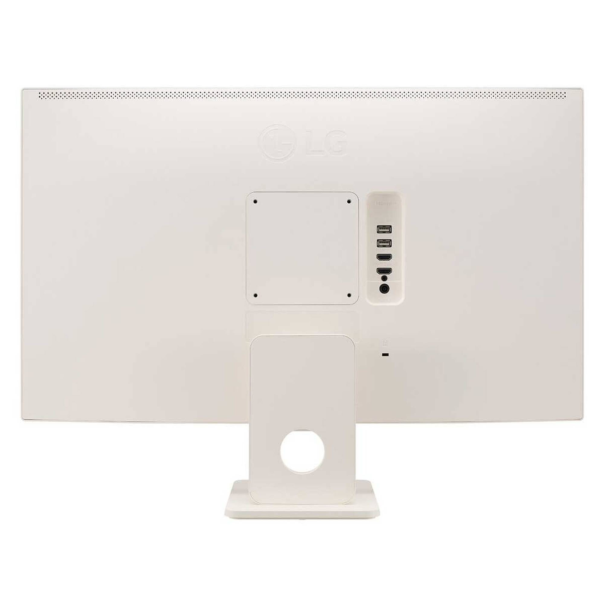 Tył białego monitora LG z portami i podstawą. Logo LG.