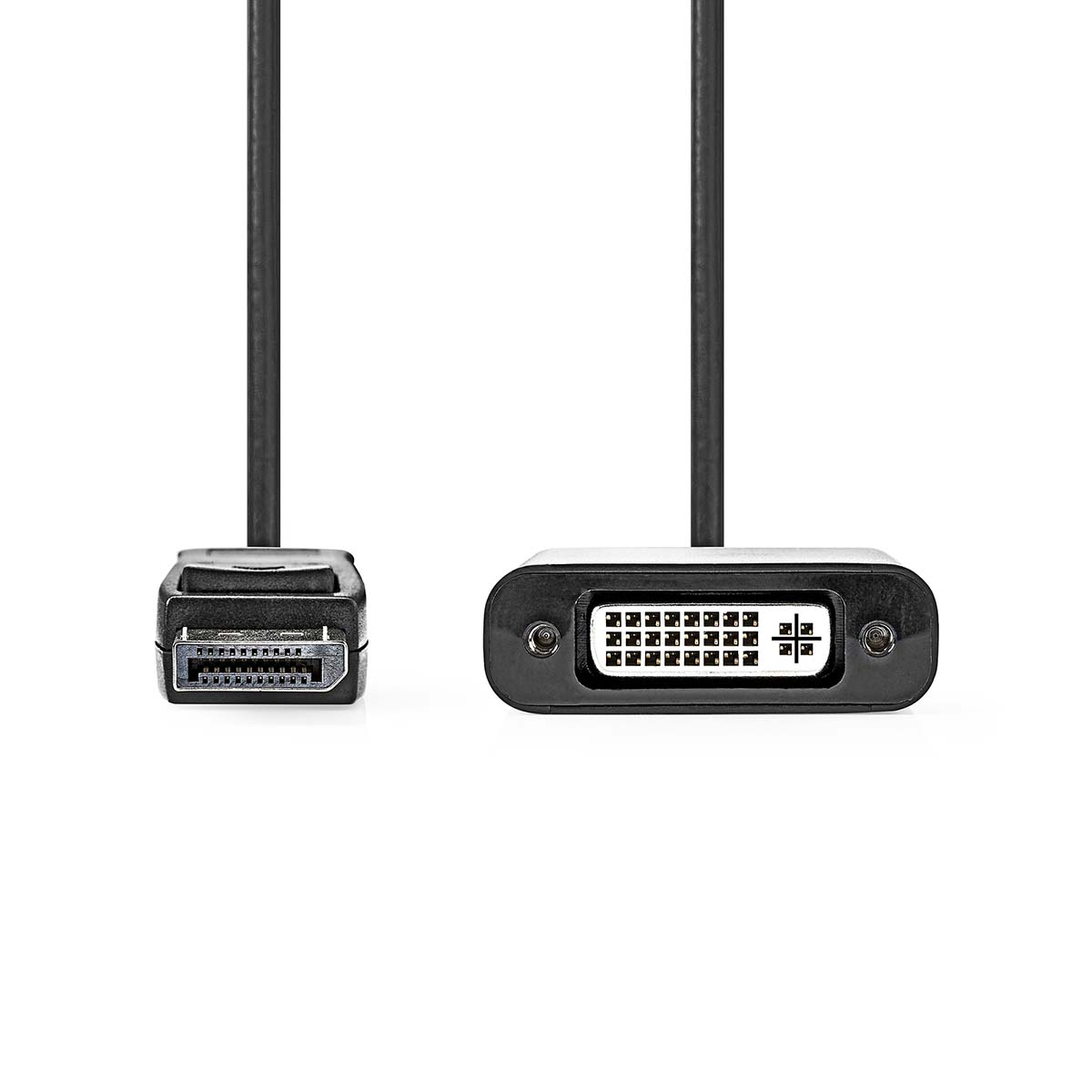 Ein schwarzes Kabel mit DisplayPort- und DVI-Anschluss auf weißem Hintergrund.