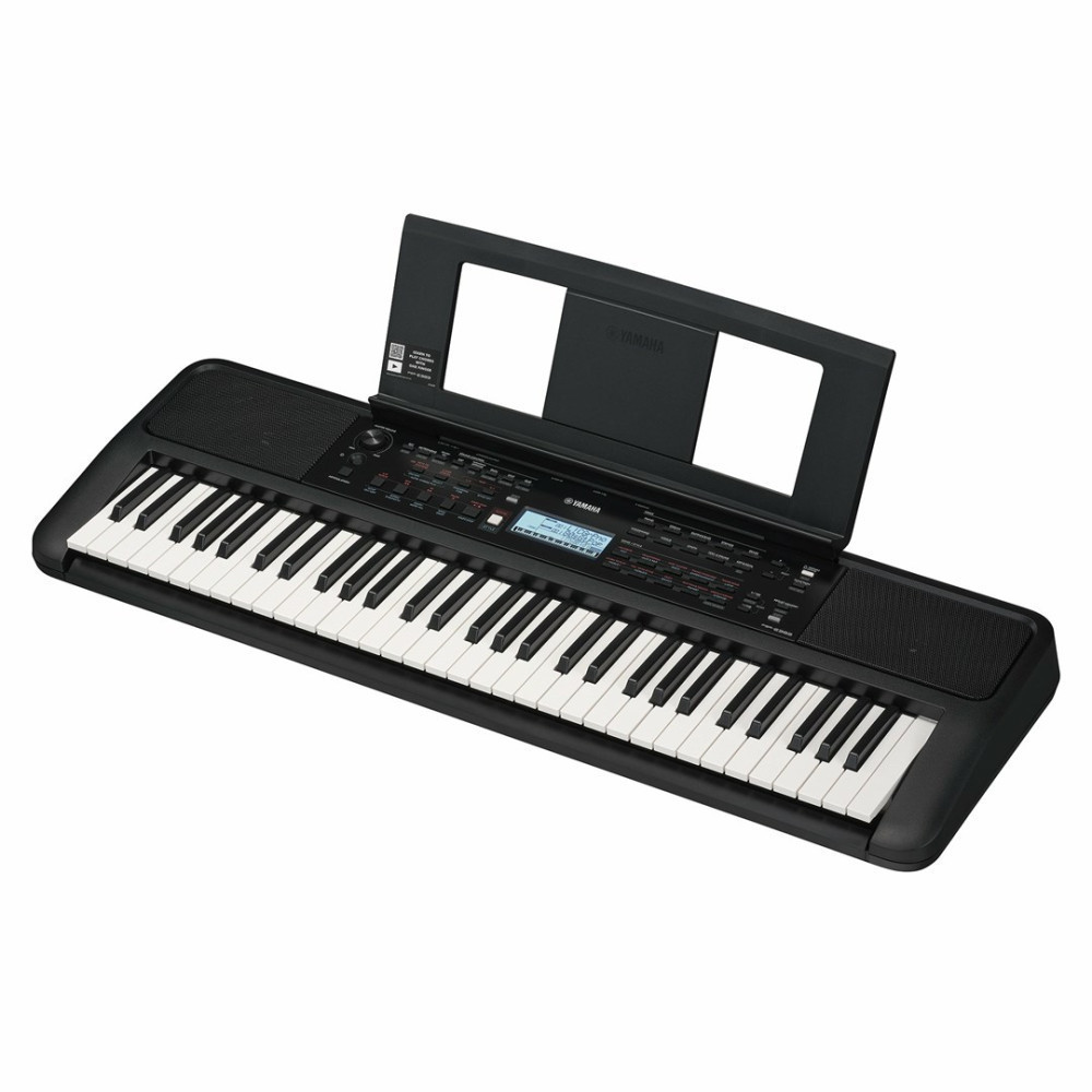 Czarny keyboard Yamaha ze stojakiem na nuty i wieloma klawiszami.