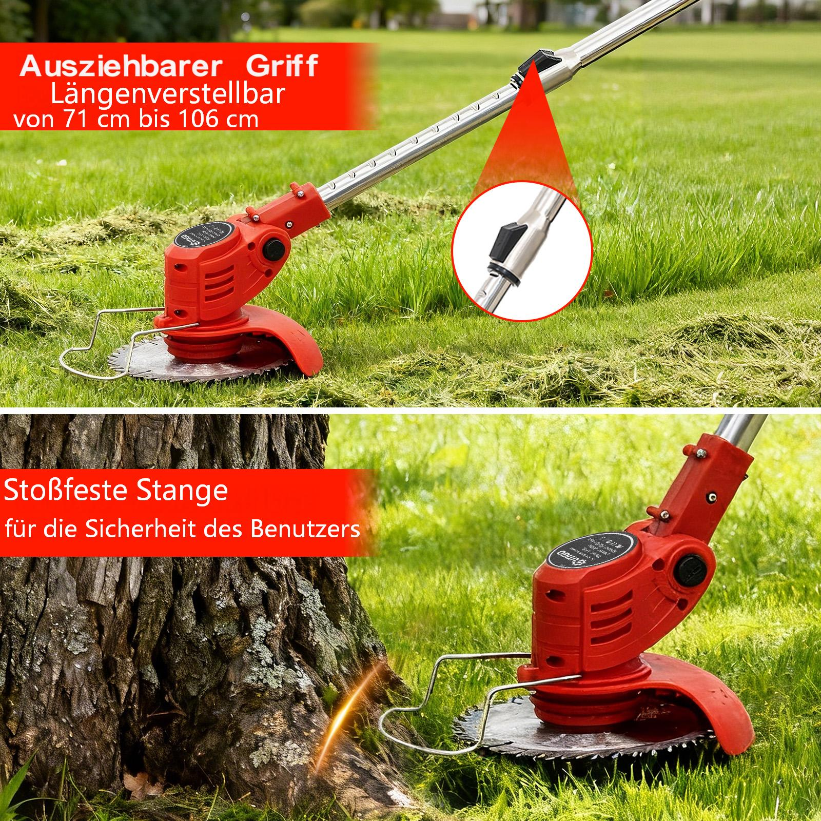 Ein roter Rasentrimmer mit ausziehbarem Griff und Sägeblatt im Gras.