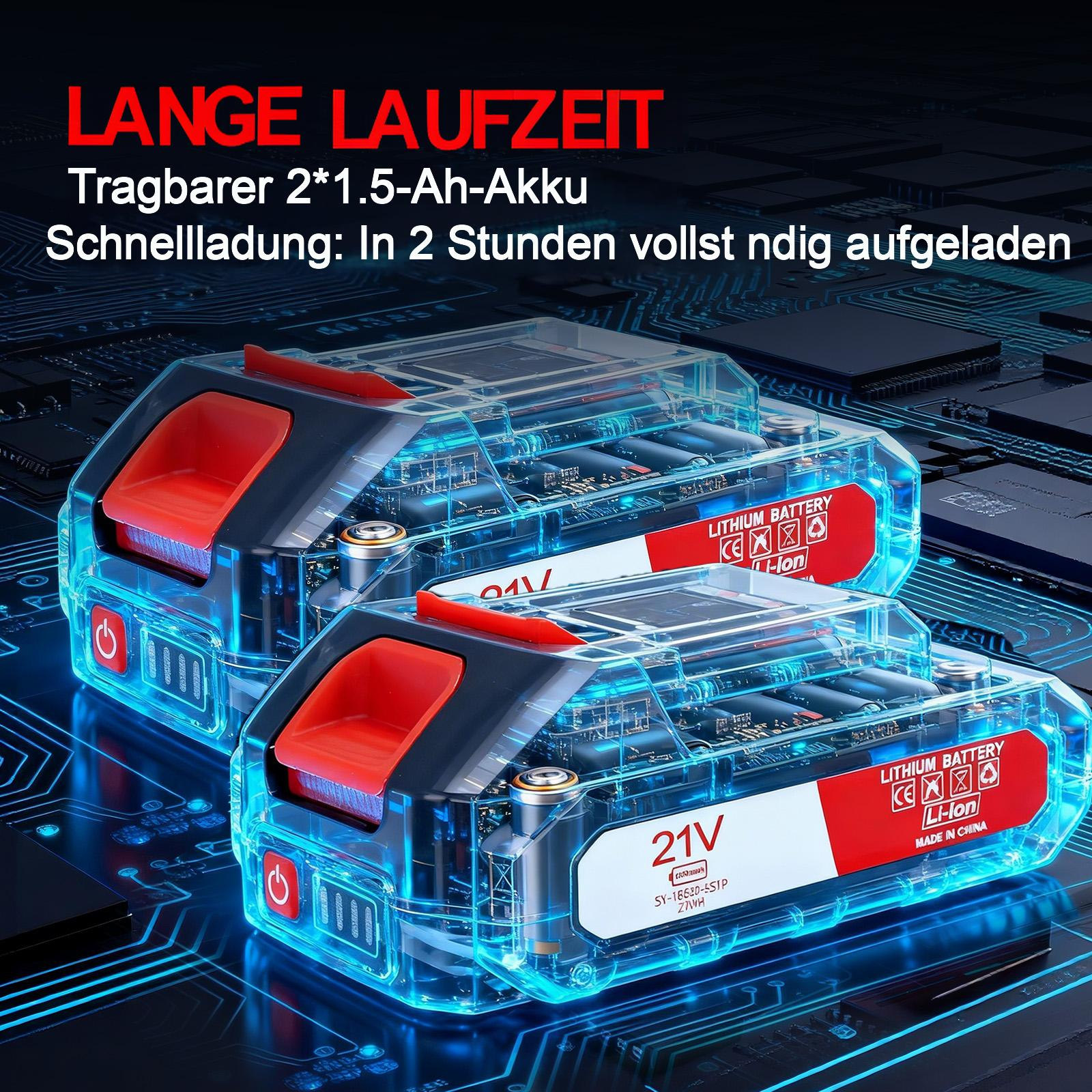 Zwei transparente Li-Ion-Akkus mit roten Griffen und blauen LED-Akzenten auf einer Leiterplatte.