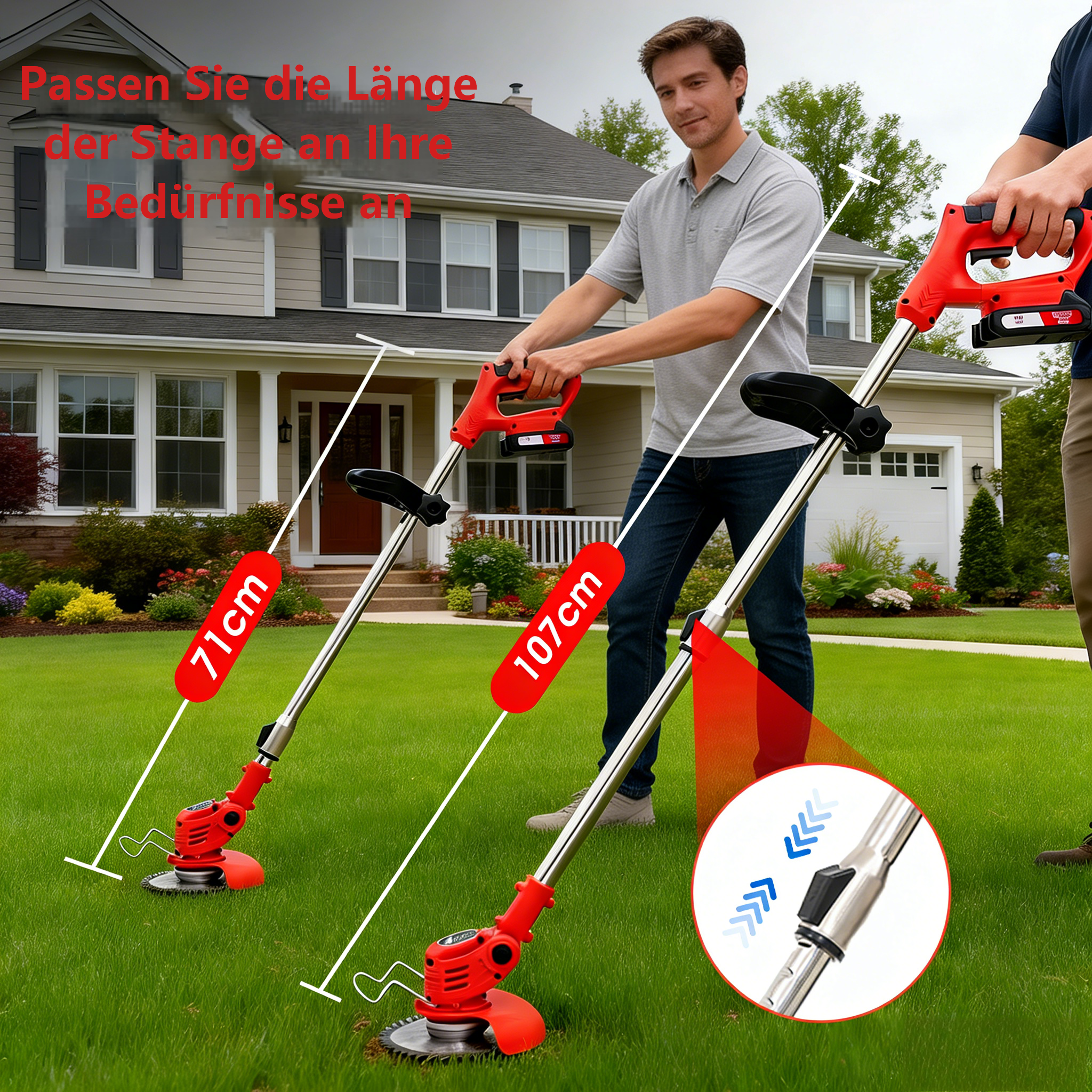 Männer mähen Rasen mit Trimmern, welche 71cm und 107cm lang sind.