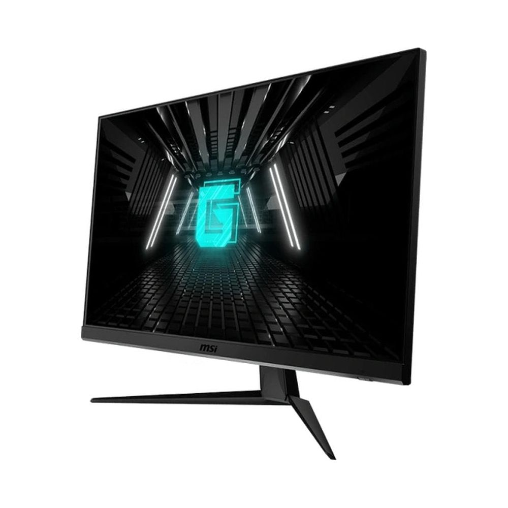 Un moniteur gaming MSI affiche un logo futuriste bleu néon sur son écran.