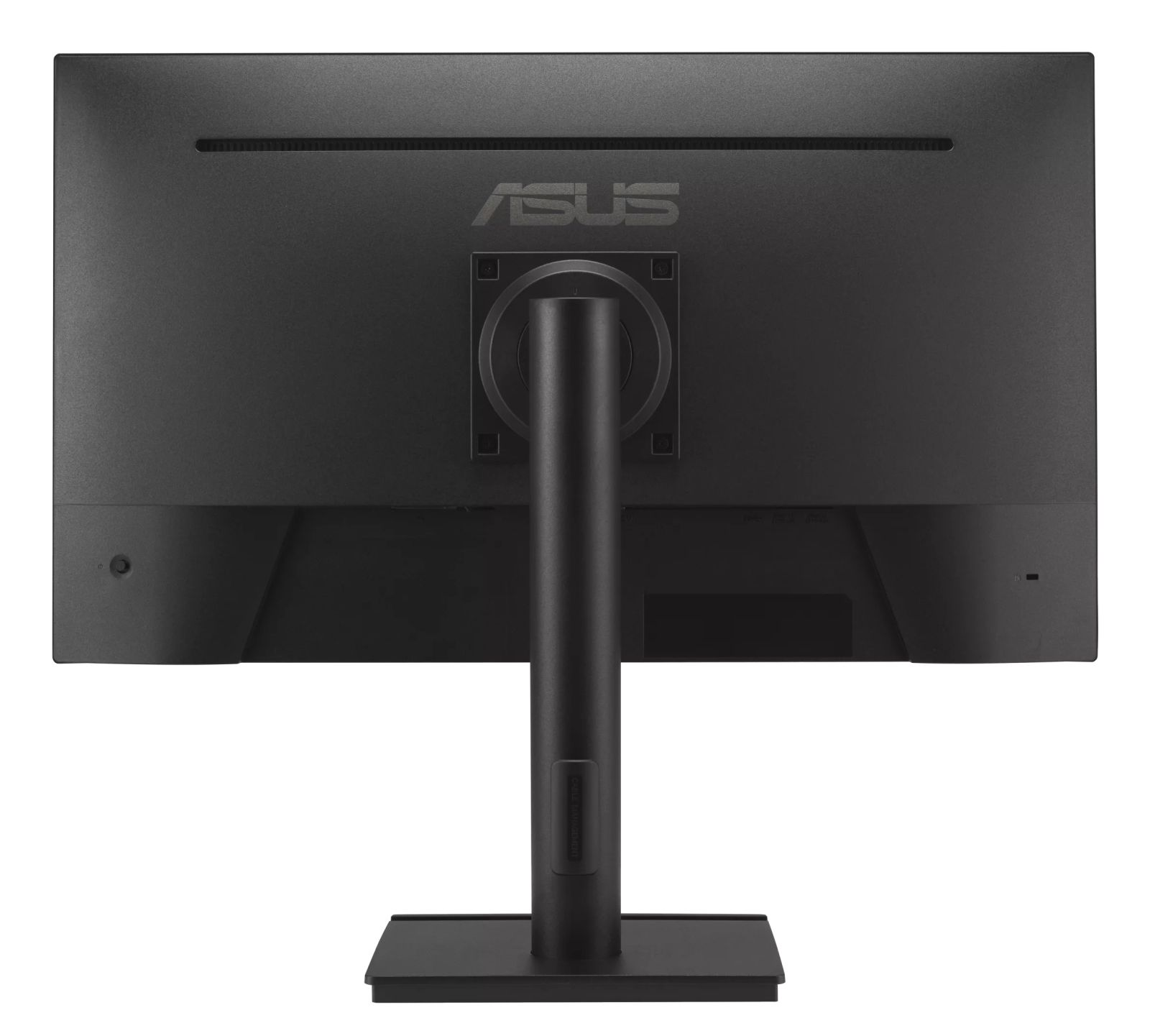 Tył czarnego monitora z logo Asus i podstawką.