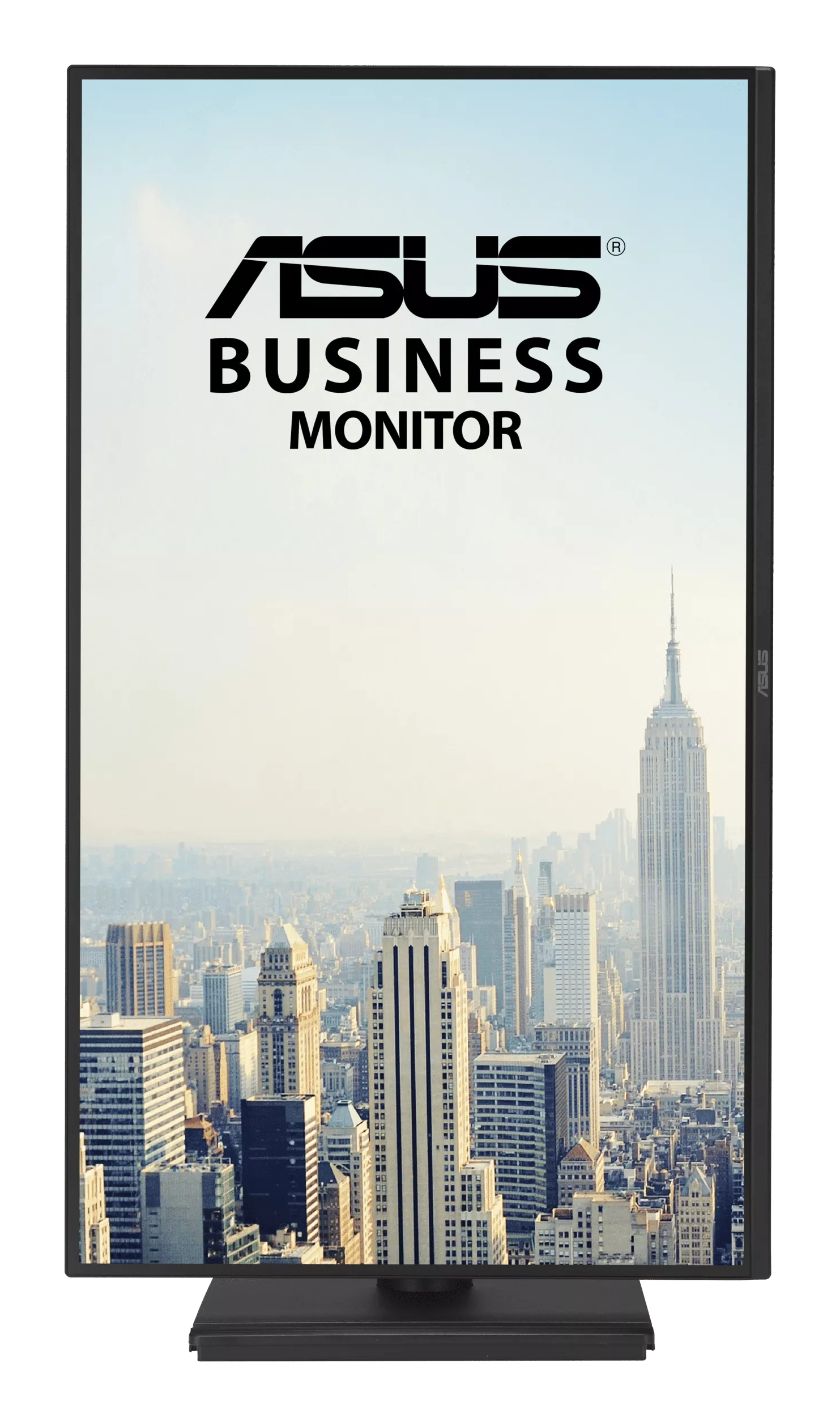 Logo ASUS Business Monitor nad panoramą Nowego Jorku.