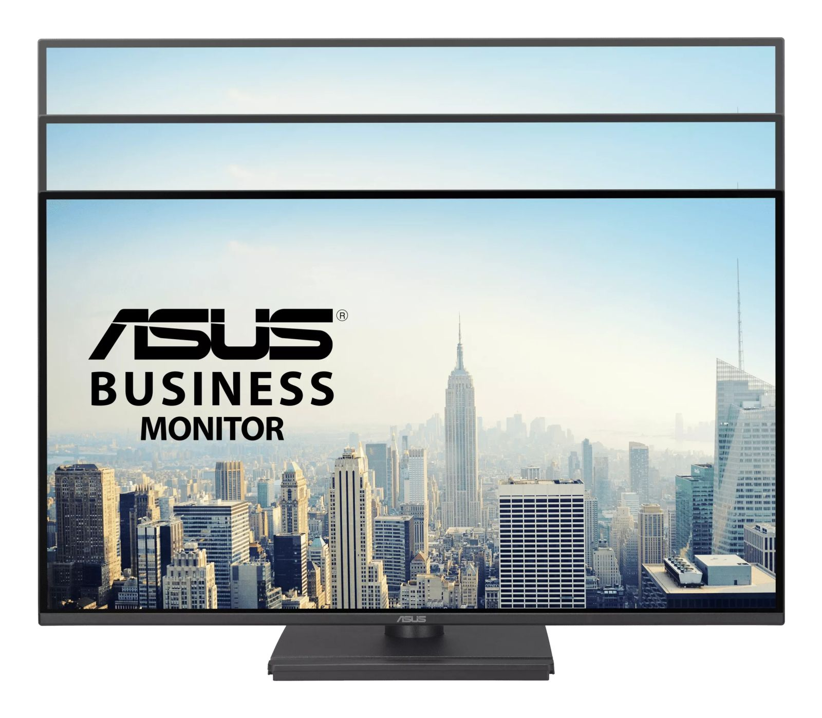 Logo ASUS BUSINESS MONITOR nad panoramą Nowego Jorku z wieżowcami.