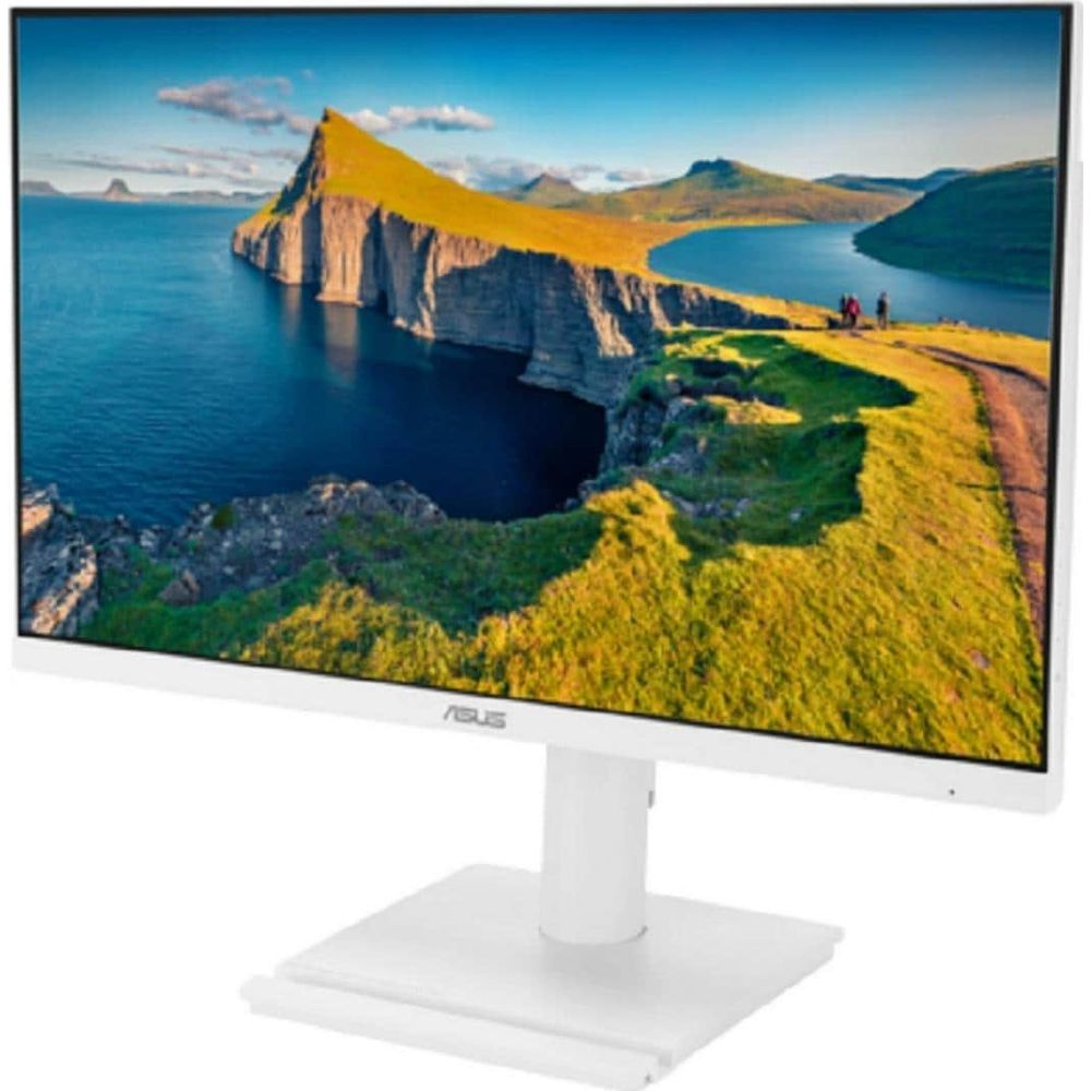 Biały monitor ASUS wyświetla krajobraz ze skałami i jeziorem.