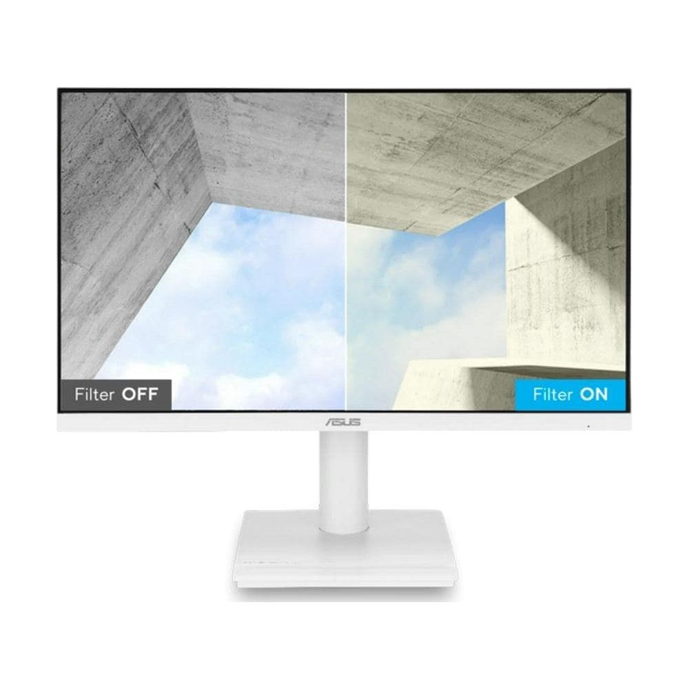 Biały monitor wyświetla podzielony obraz: lewy 