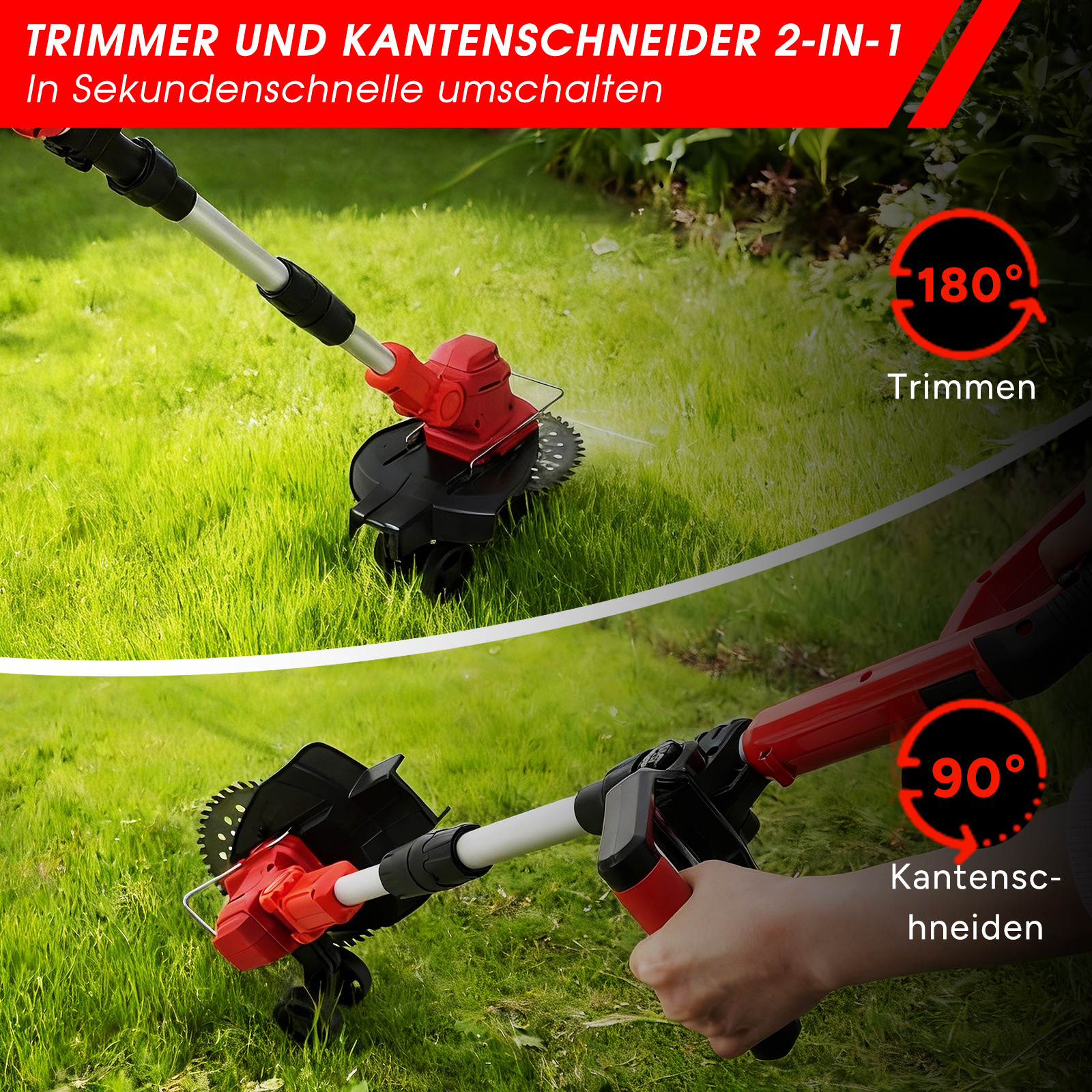 Ein roter und schwarzer Trimmer/Kantenschneider auf Rasen, 180° und 90°.