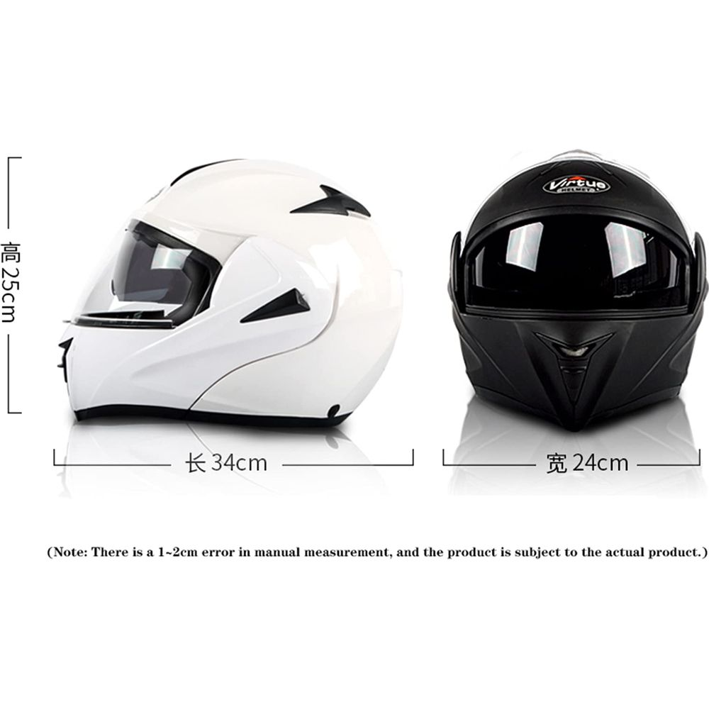 Biały i czarny kask motocyklowy z podanymi wymiarami.