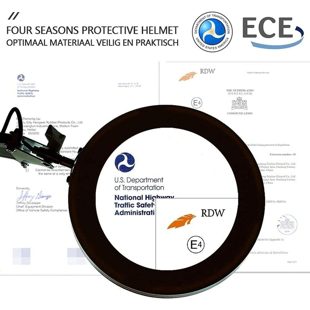 Kask z certyfikatami ECE i US DOT, pieczęcią RDW i tekstem o czterech porach roku.