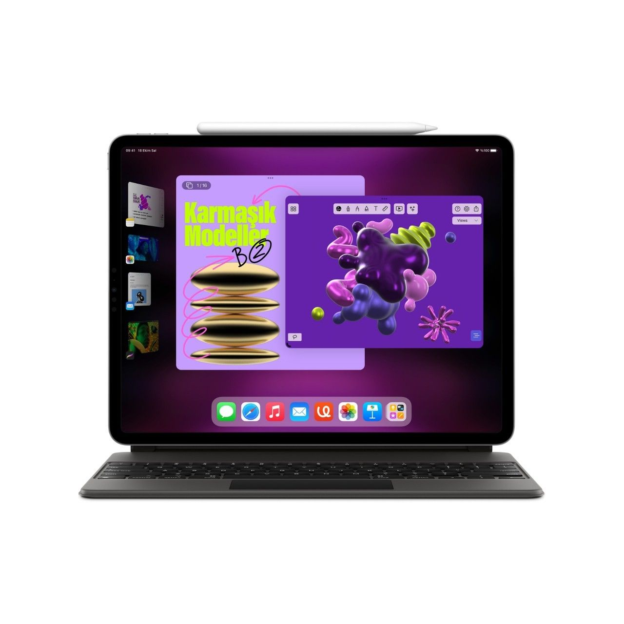 Stylus ve klavyeli tablet, 3B modellerle renkli bir uygulama arayüzü gösteriyor.