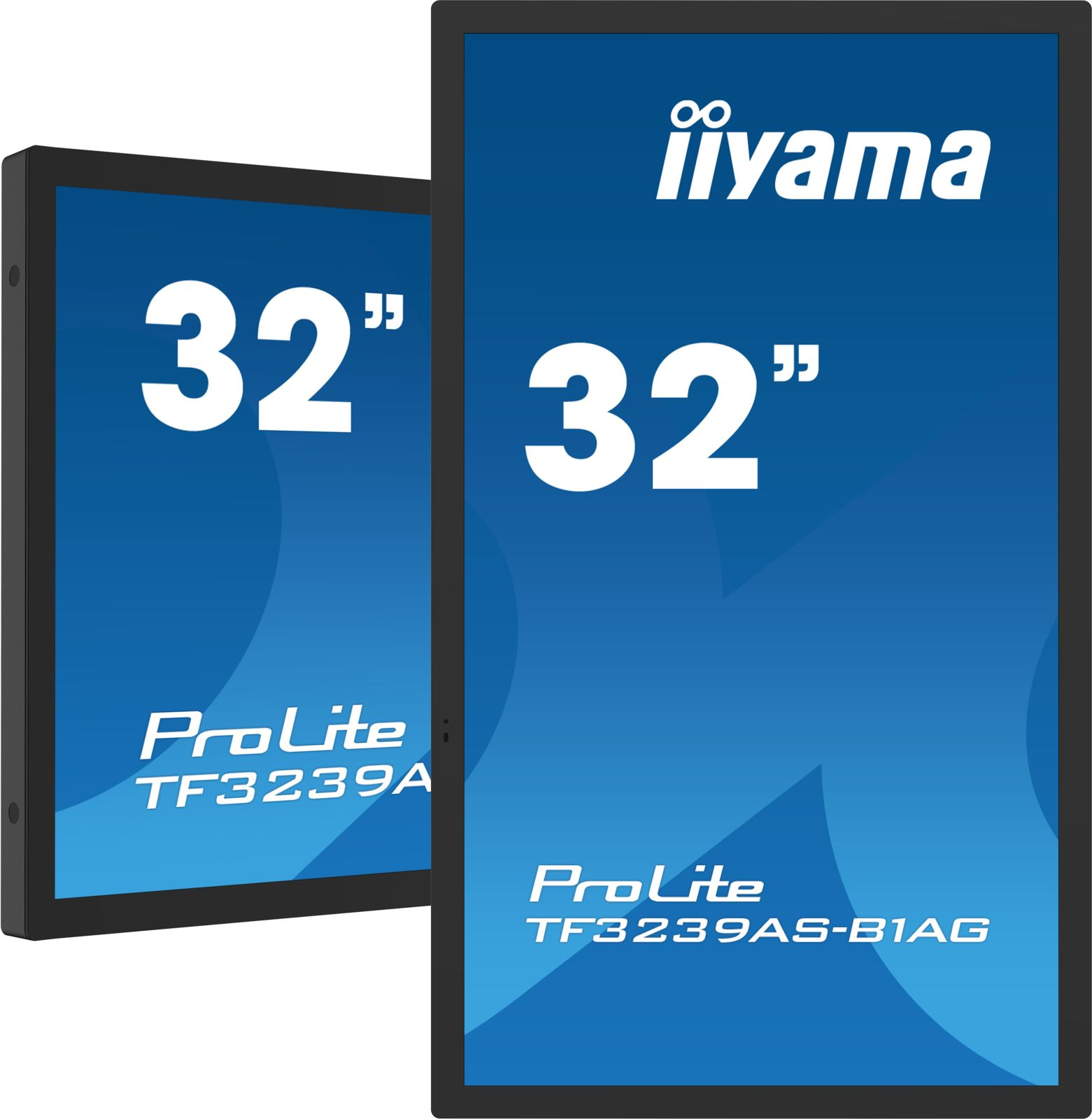 Dwa monitory Iiyama ProLite TF3239A-B1AG o przekątnej 32 cale obok siebie.