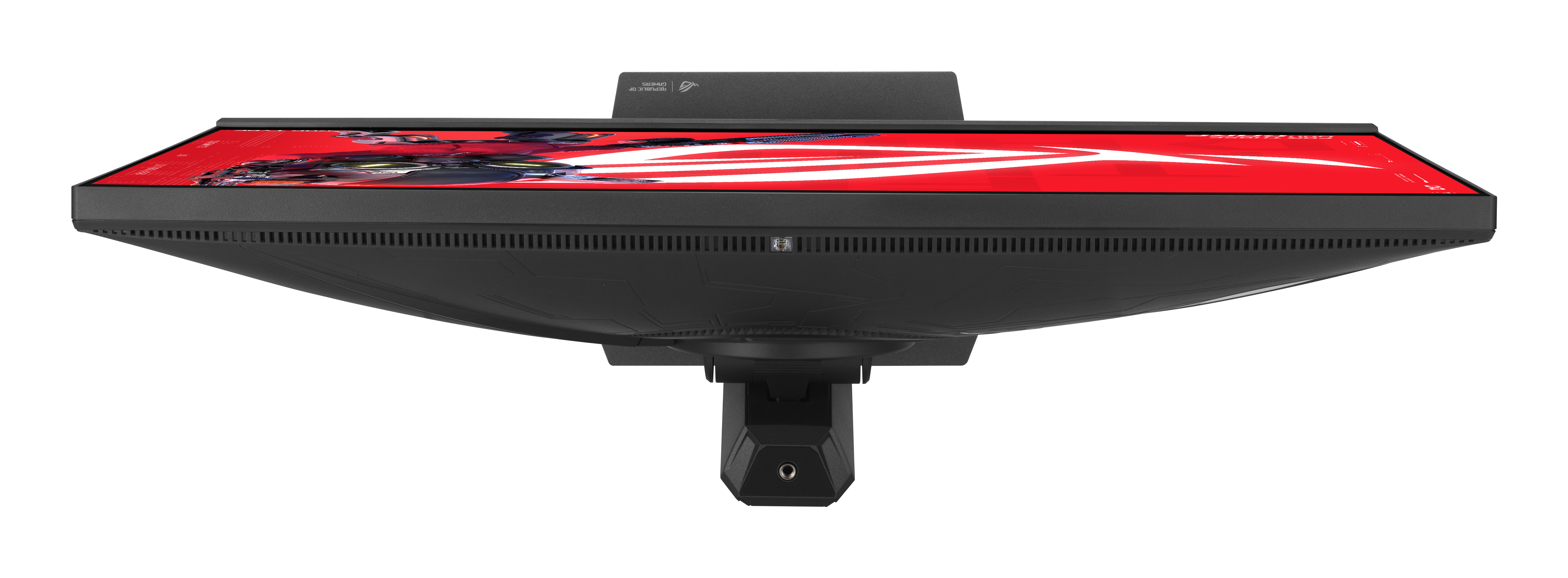 Czarny monitor wyświetlający czerwną tapetę z białymi liniami.