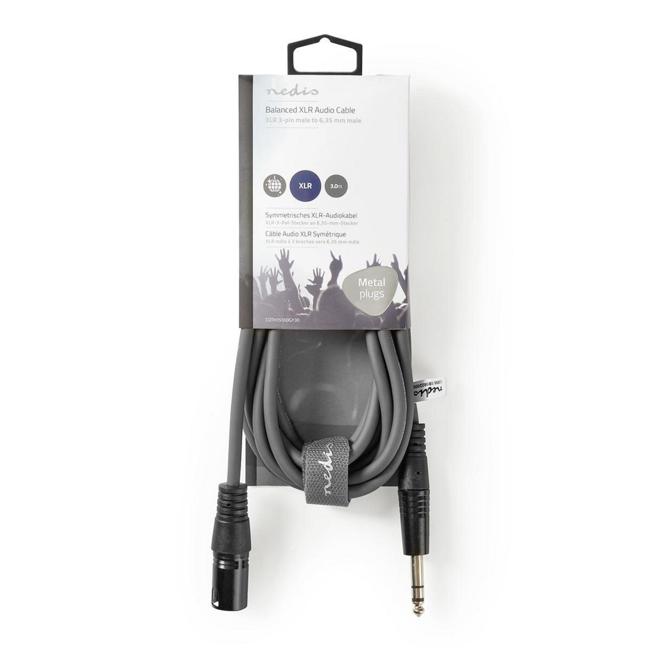 Graues XLR-Audiokabel mit Metallsteckern, 3m lang, für professionelle Audioanwendungen.