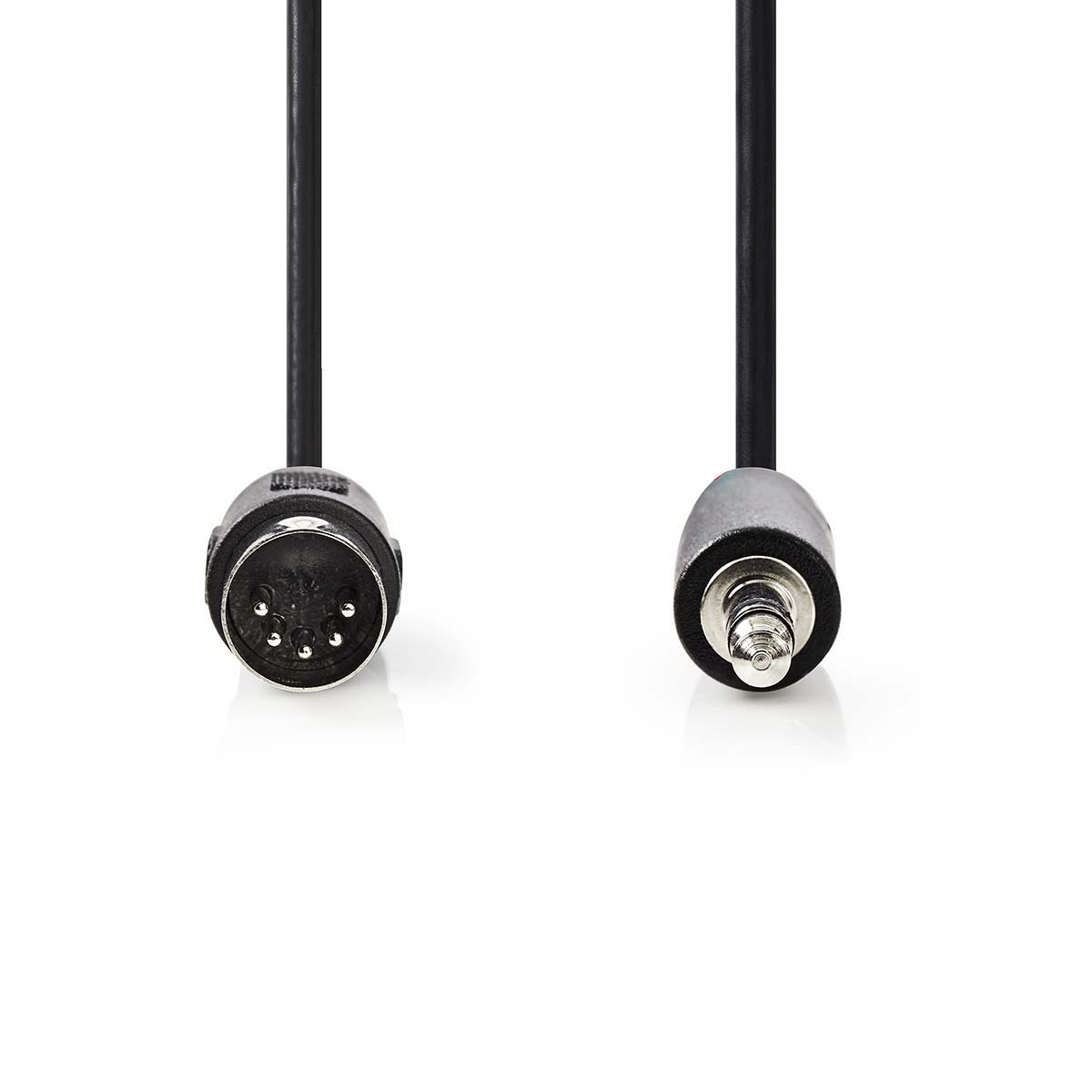 Un cavo nero con connettore a 5 pin e connettore jack da 3,5 mm.