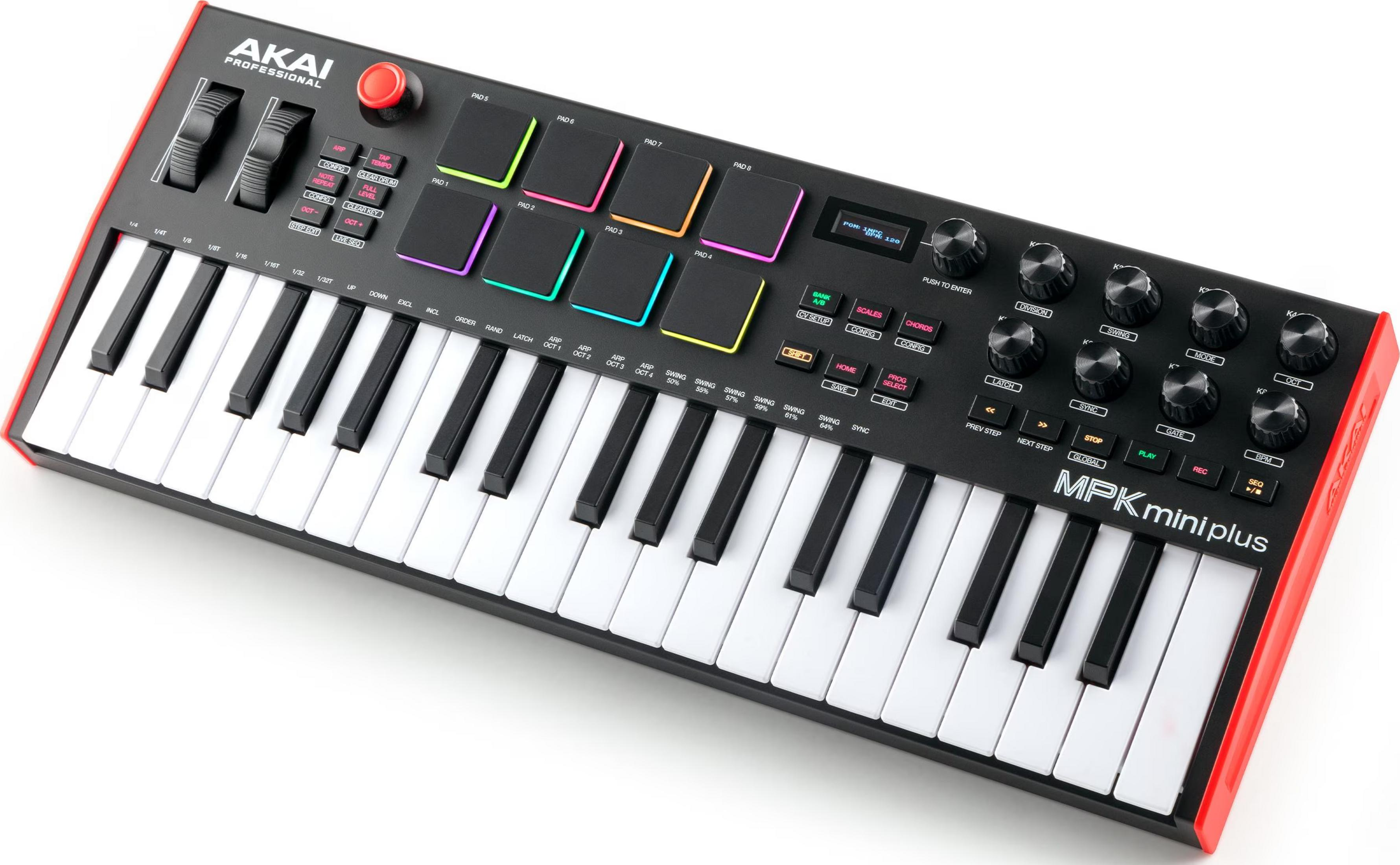 Czarny kontroler MIDI Akai MPK Mini Plus z białymi i czarnymi klawiszami.