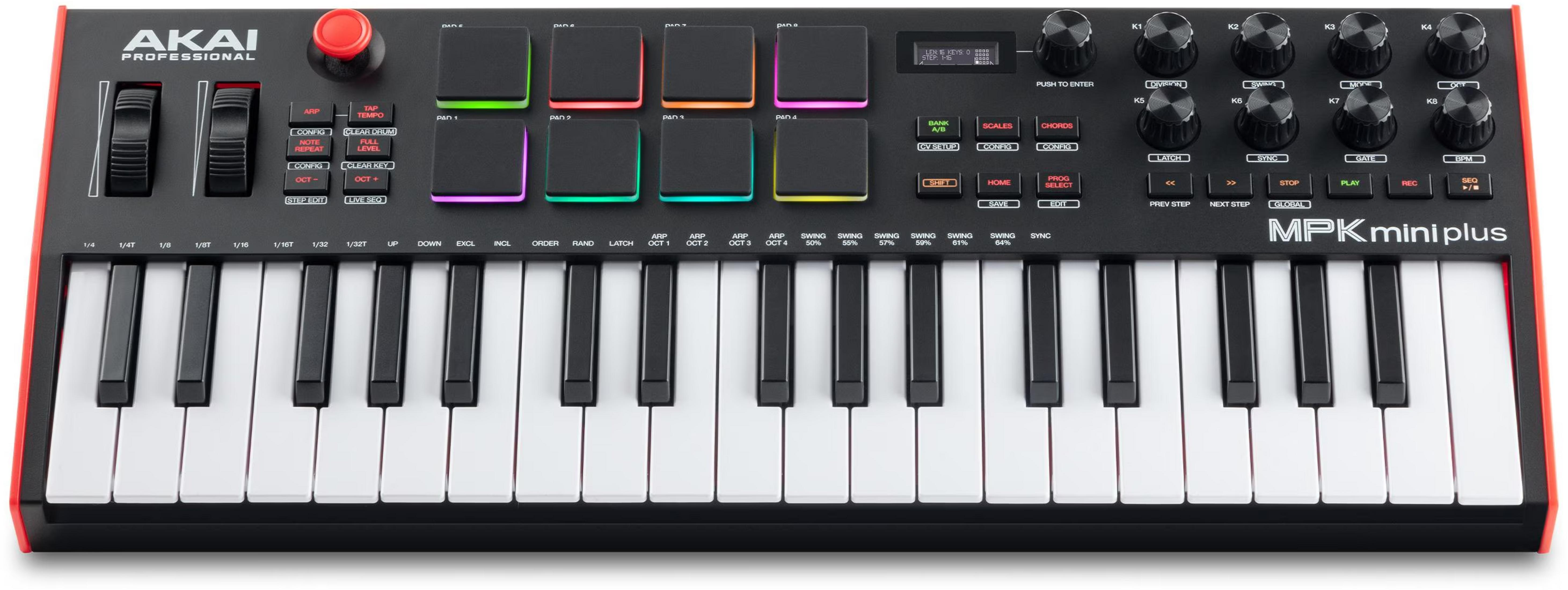 Klawiatura Akai Professional MPK mini plus z padami, gałkami i klawiszami. Czerwone wykończenie.