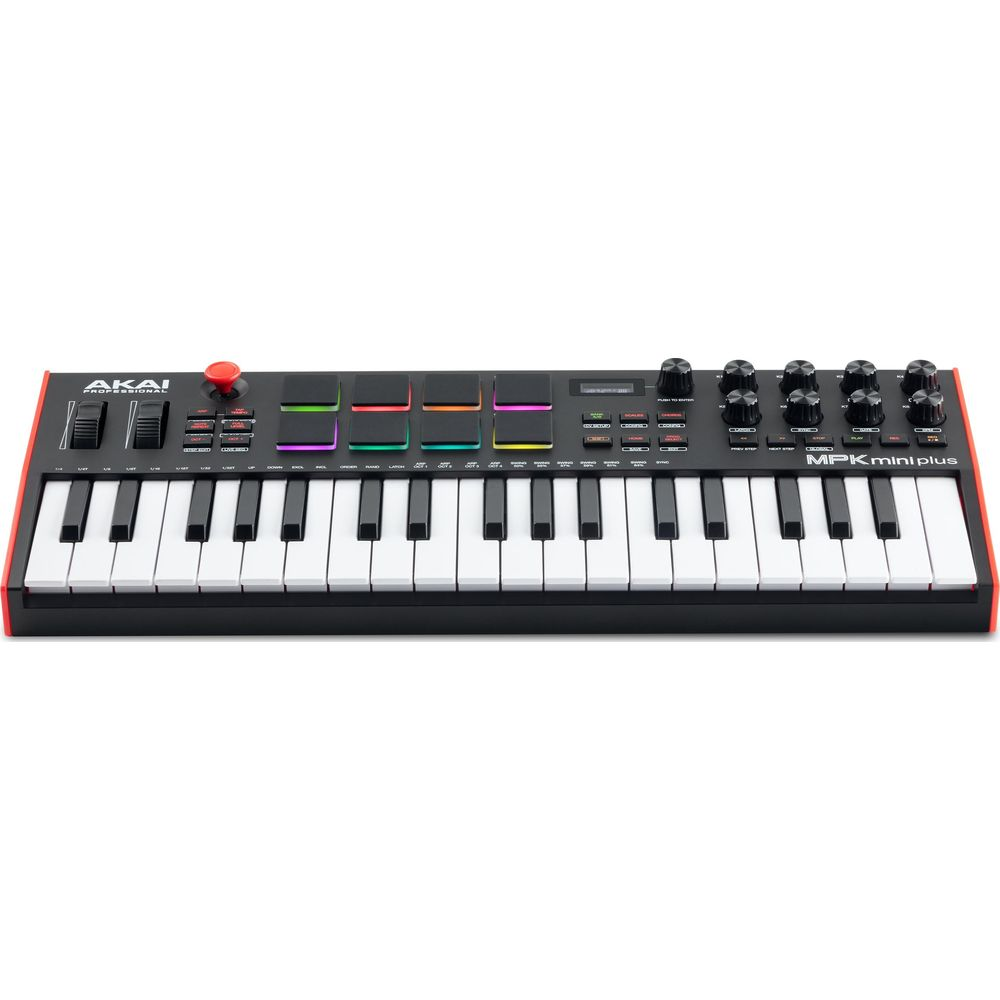 Czarny kontroler MIDI AKAI MPK Mini Plus z klawiszami i padami.