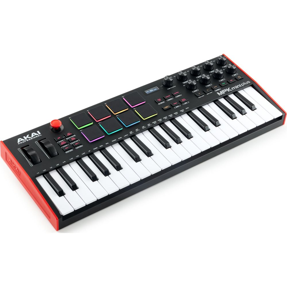 Czarny kontroler MIDI AKAI MPK Mini Plus z 25 klawiszami i kolorowymi padami.