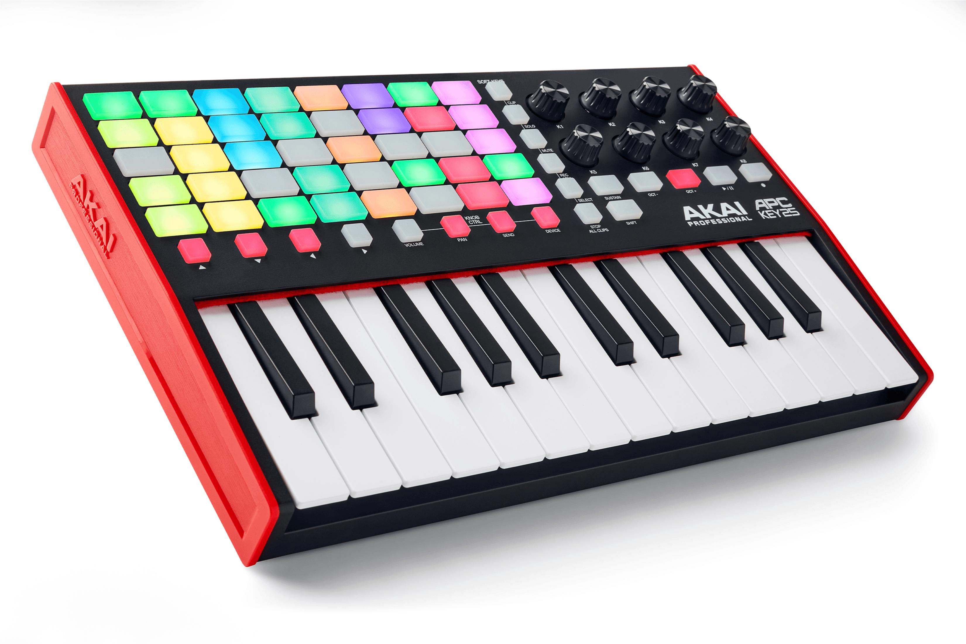 Czerwony kontroler MIDI Akai APC Key 25 z podświetlanymi padami i klawiszami.