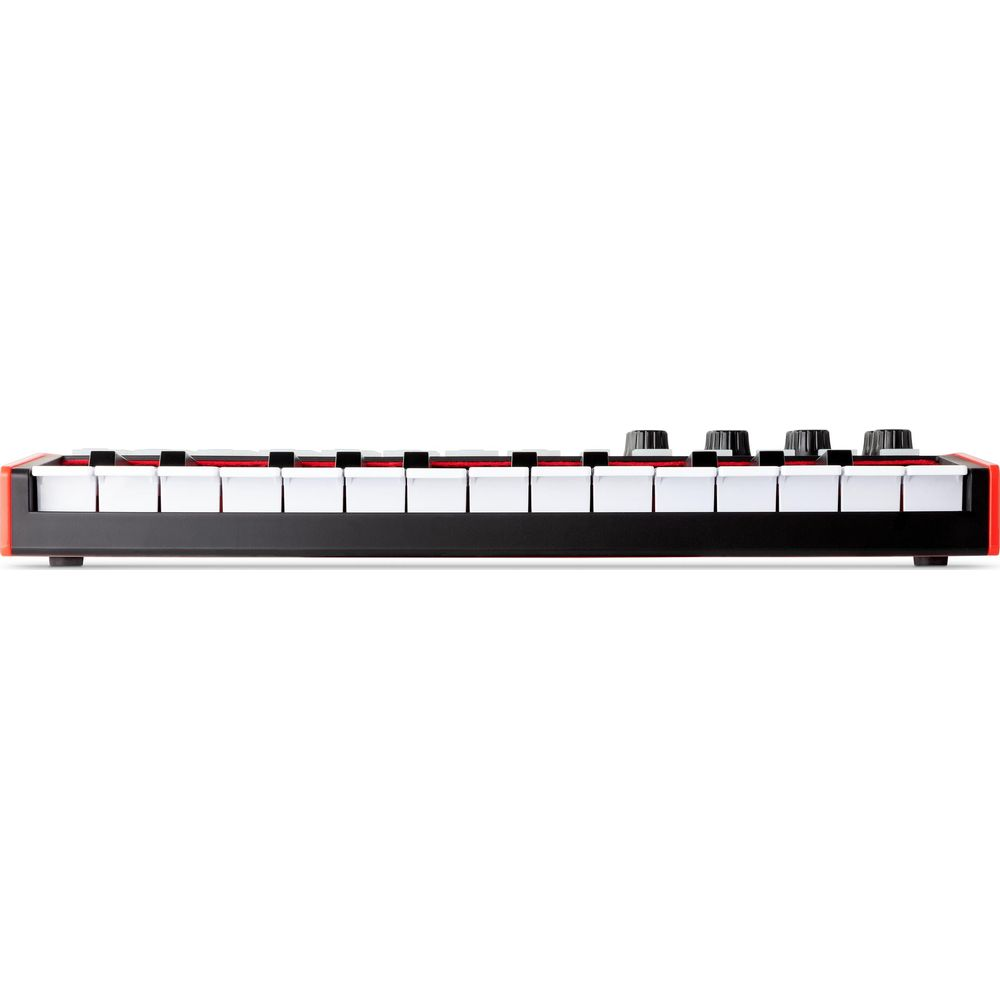 Czarno-czerwona klawiatura z białymi i czarnymi klawiszami.