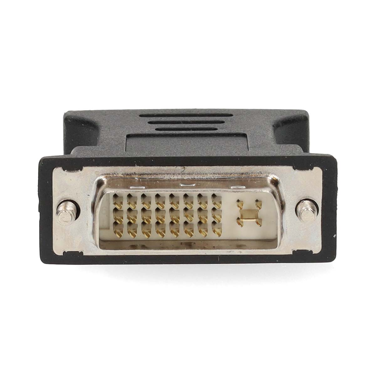 Een DVI-adapter met zwarte behuizing en zilveren pinnen. Close-up.