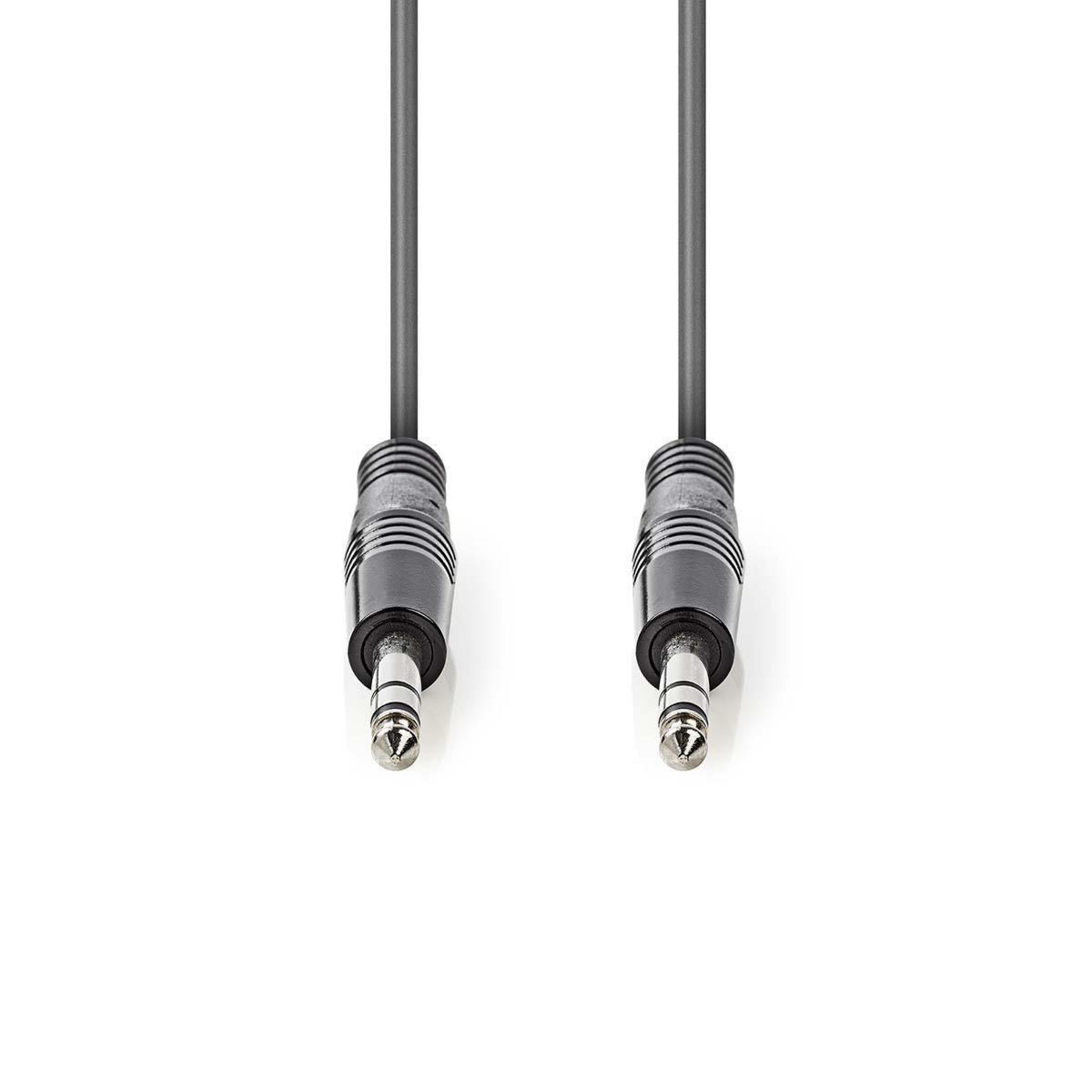 Twee zwarte audiokabels met zilveren connectoren op witte achtergrond.