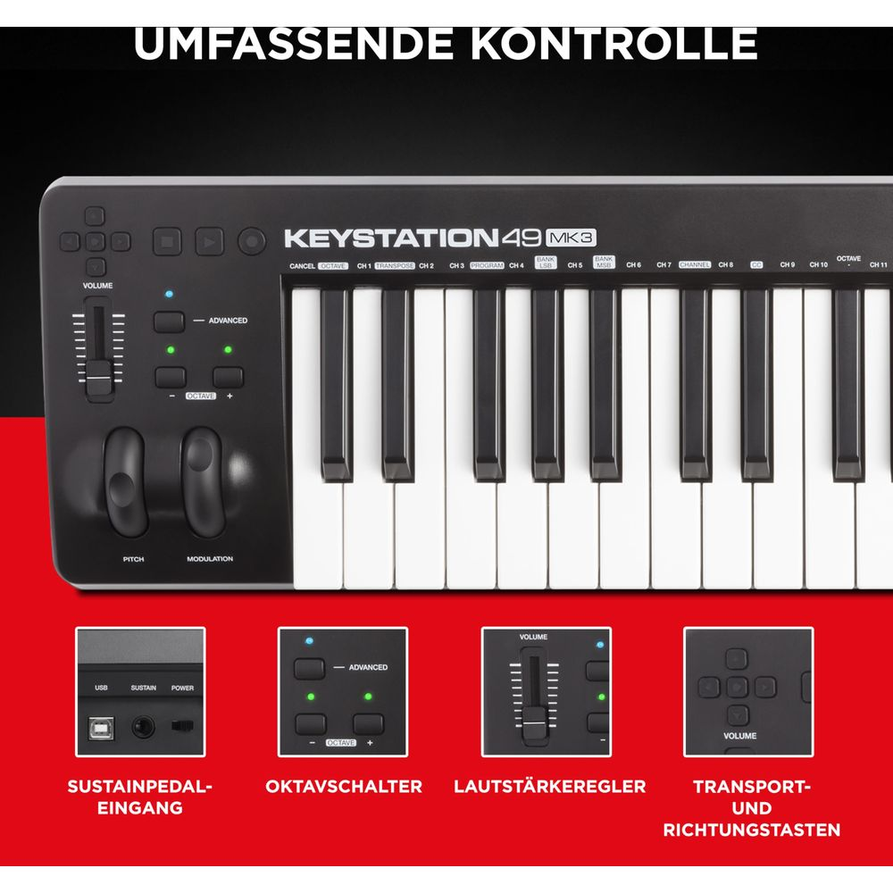 Czarny Keystation 49 MK3 z klawiszami, pokrętłami i etykietami.