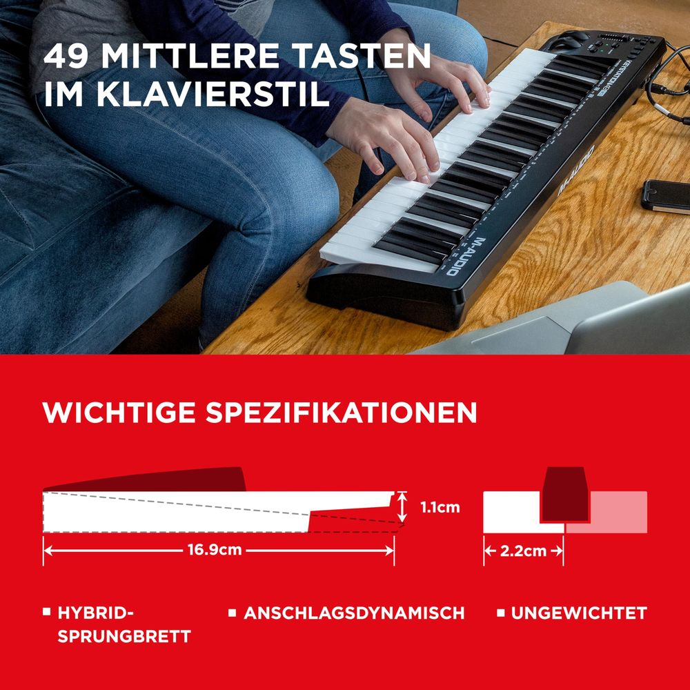 Kontroler z 49 klawiszami fortepianowymi, sprężyną hybrydową i czułością.