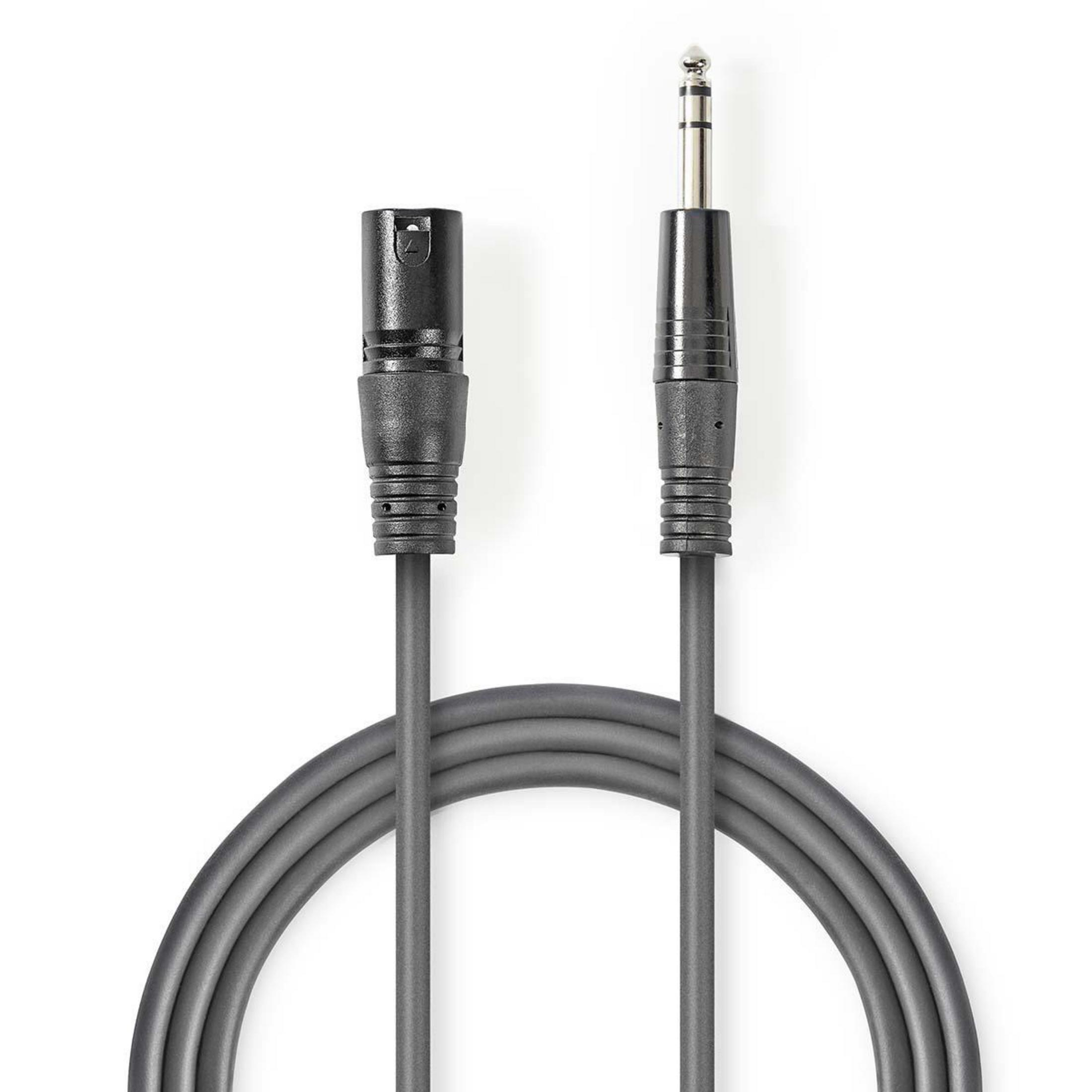Ein graues Audiokabel mit XLR- und Klinkenstecker auf weißem Hintergrund.