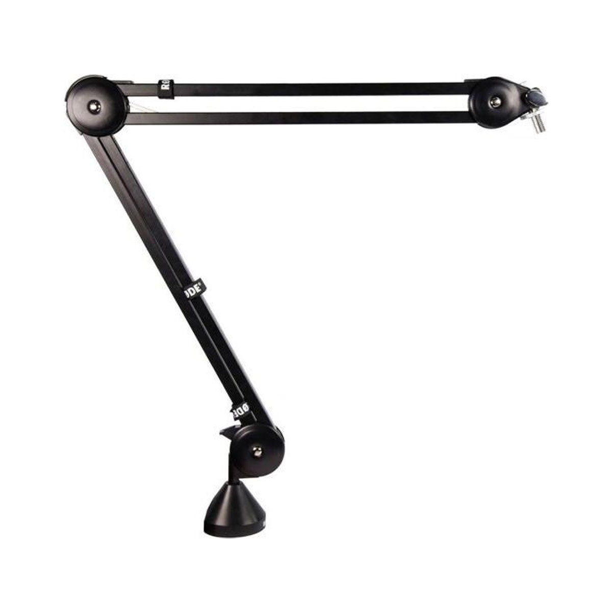 Czarny metalowy wysięgnik mikrofonowy ze złączami i logo RODE.