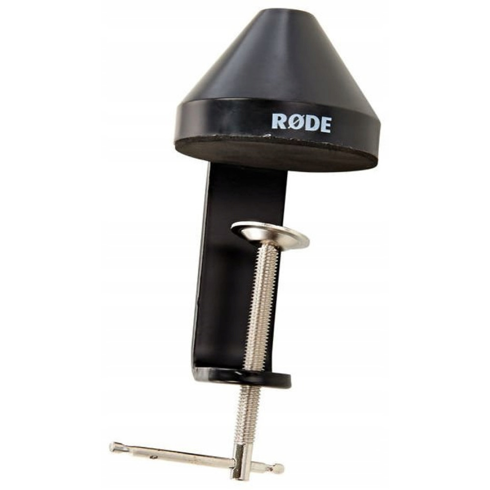 Czarny zacisk do statywu mikrofonu z logo RODE na białym tle.