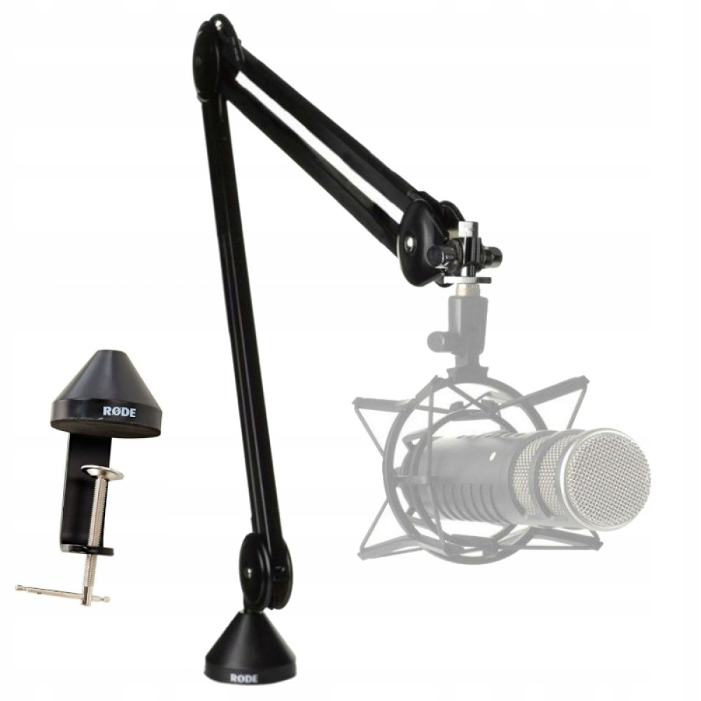 Czarny wysięgnik mikrofonowy z zaciskiem i uchwytem amortyzującym, na białym tle.