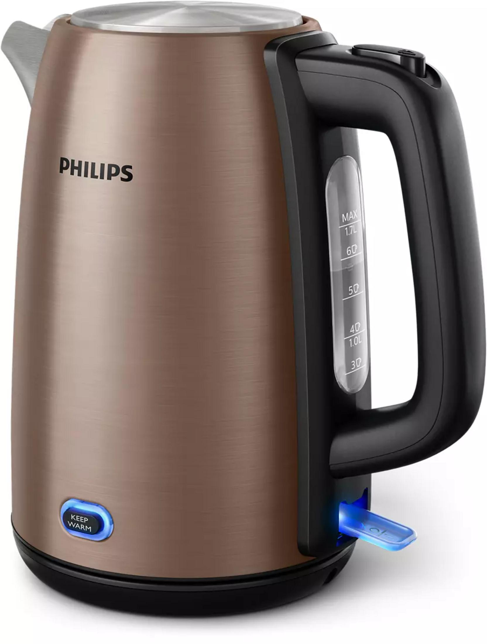 Brauner Philips Wasserkocher mit schwarzem Griff und blauer Beleuchtung.