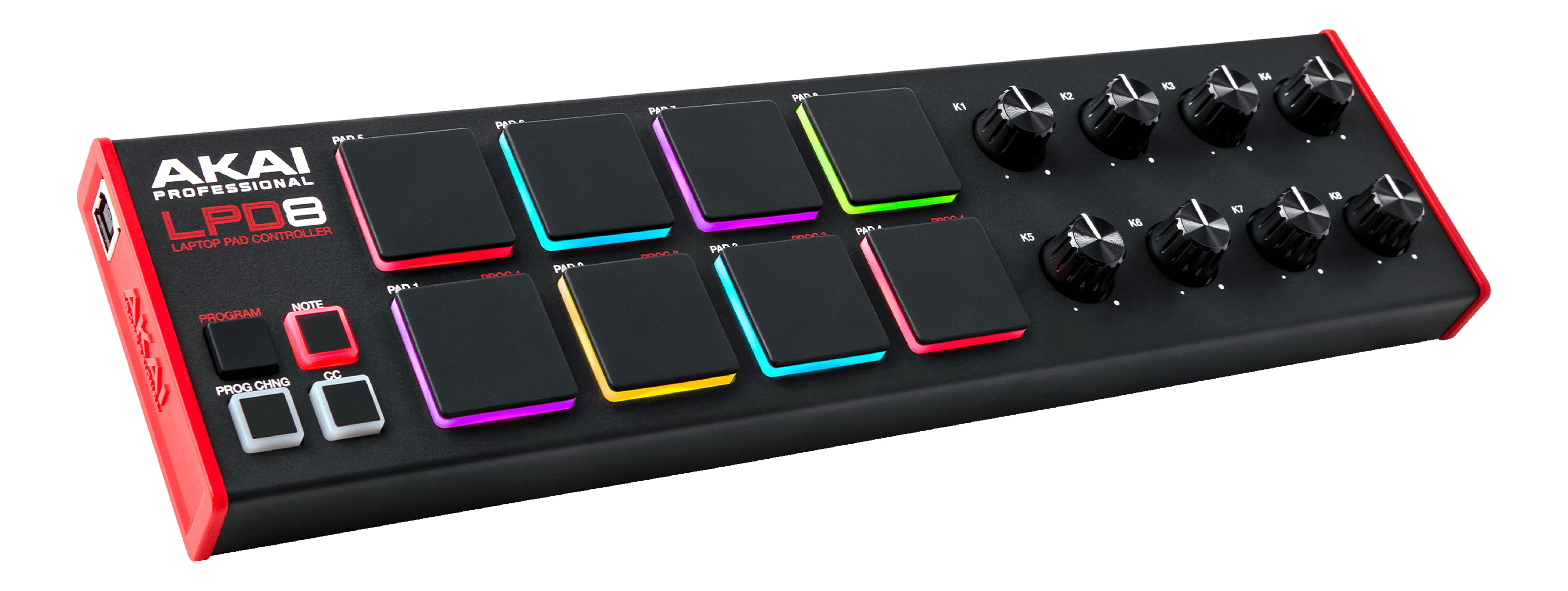 Czarny kontroler padów laptopowych AKAI LPD8 z ośmioma podświetlanymi padami i gałkami.