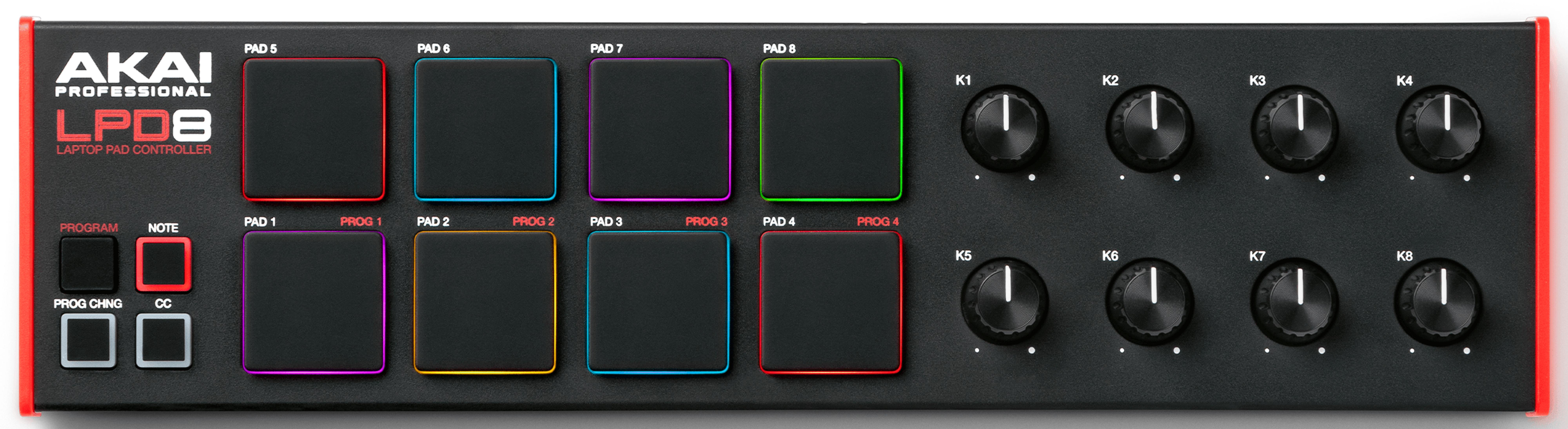 Kontroler AKAI LPD8 z 8 padami, gałkami i przyciskami.