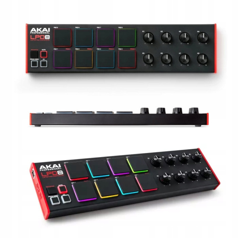 Czarny kontroler padów Akai LPD8 do laptopa z 8 kolorowymi padami i 8 pokrętłami.